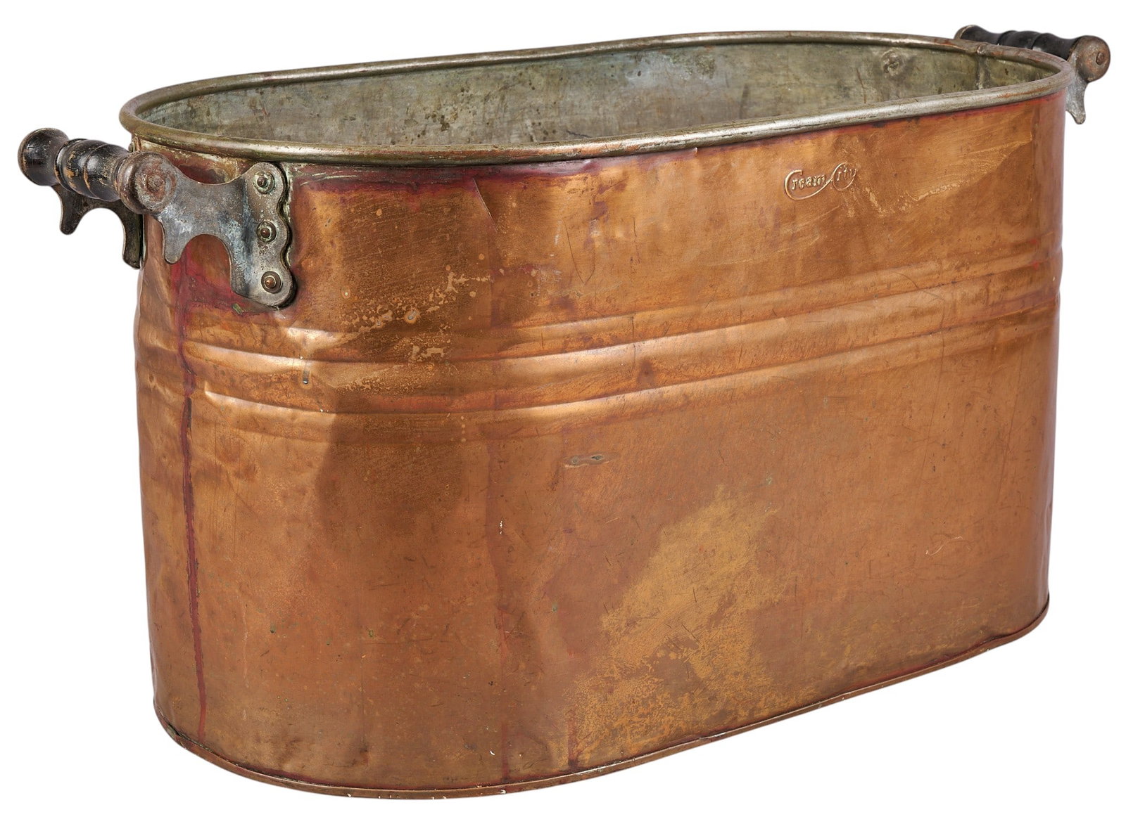 Red McCombs | Antique Cream City Copper Boiler: Antique Cream City copper boiler with handles, circa late-19th to early- 20th century, manufactured by Geuder, Paeschke & Frey Co. (Milwaukee, Wisconsin) height 13 in. x width 27.5 in. x depth 12.