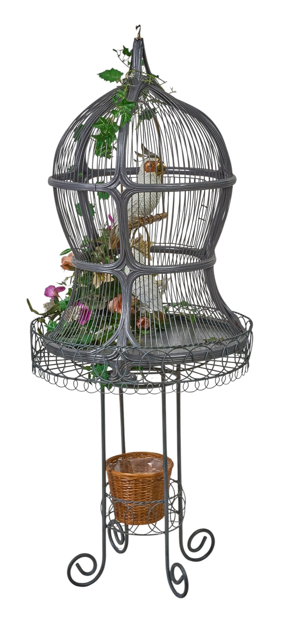 Red McCombs | Metal Birdcage: Metal birdcage with two cockatoo bird sculptures with white leather and brass construction, includes small basket and faux flower decoration height 62 in. x width 25 in. x depth 25 in. Provenanc