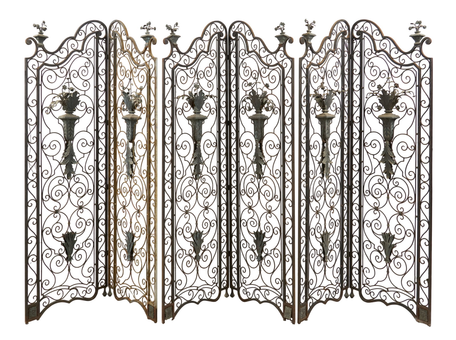 Red McCombs | (3) Maitland Smith Iron Folding Screens: Three matched Maitland Smith iron and bronze folding screens with ornate scrollwork and classical urn-and-foliage relief decorations height 83 in. x width 53 in. x depth 2.5 in. / each Provenance: Pro