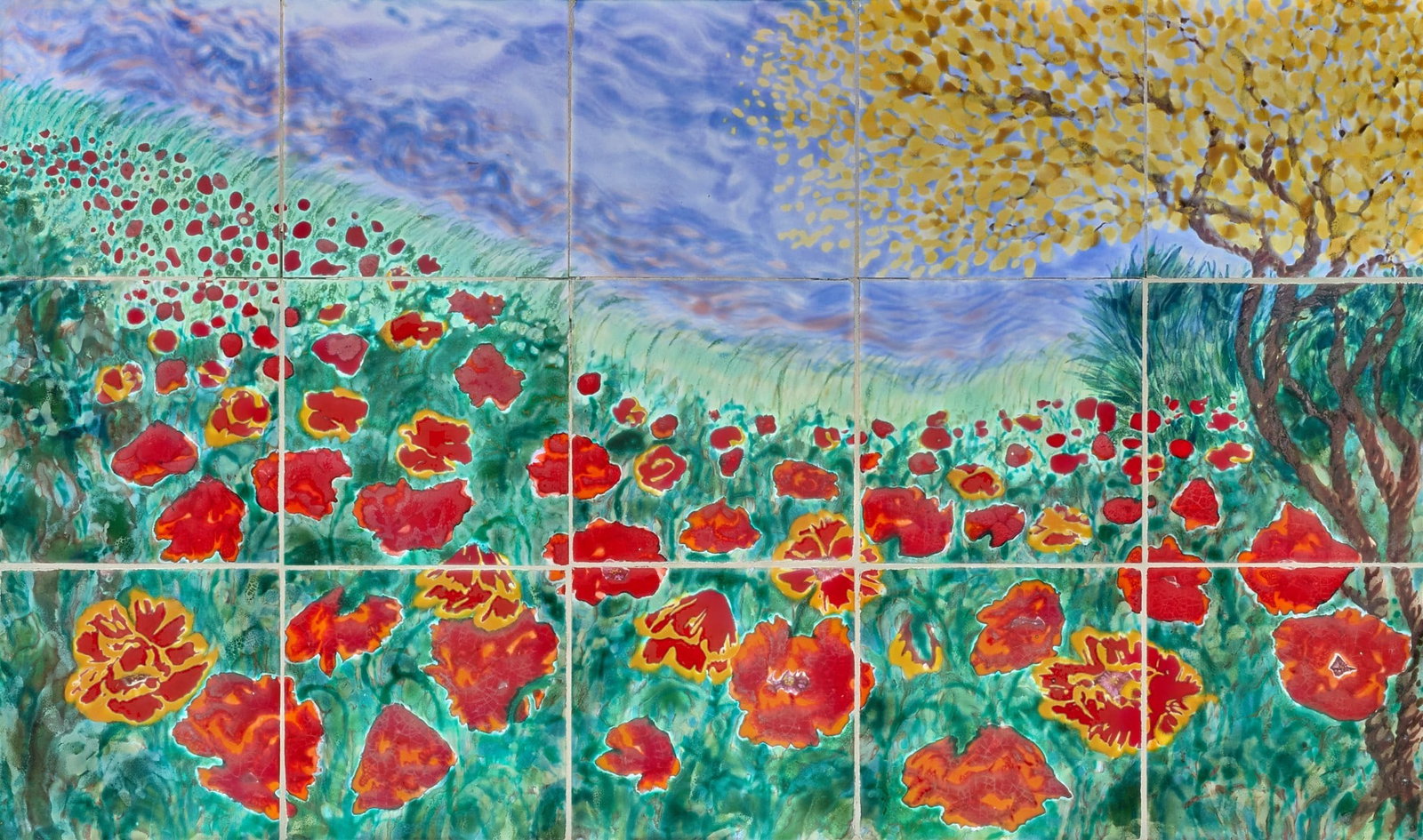 Red McCombs | Painted Tile Mosaic: Vintage framed painted tile mosaic depicting field of red poppy flowers height 30 in. x width 46 in. x depth 2 in. Provenance: Property from the personal estate collection of iconic Texas businessman,