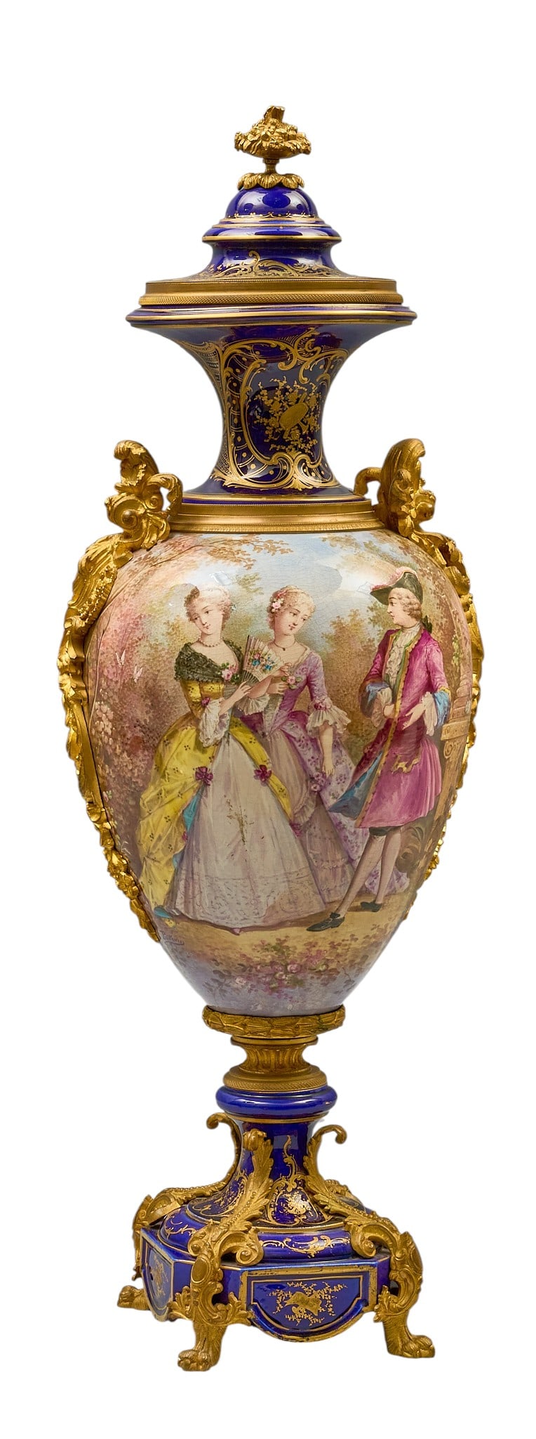 Red McCombs | Poitevin Cobalt Glazed Urn: Antique French porcelain urn, 19th century, features cobalt-blue ground with intricate hand-painted gilt embellishments, and an elaborate hand-painted pastoral scene signed "P