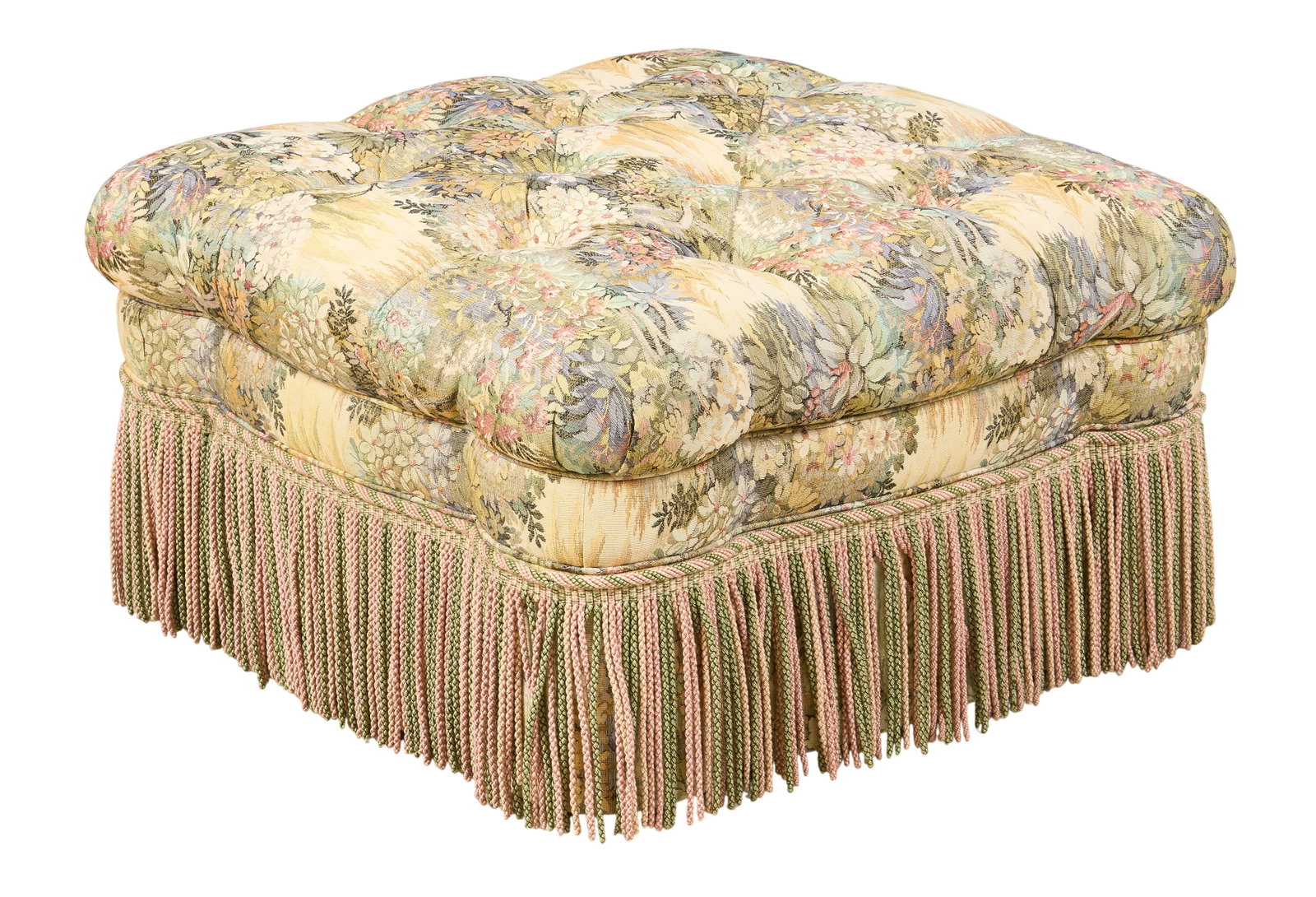 Red McCombs | Floral Ottoman: Plush tufted ottoman with floral print upholstery and twisted fringe height 16 in. x width 30 in. x depth 30 in. Provenance: Property from the personal estate collection of iconic Texas businessman, c