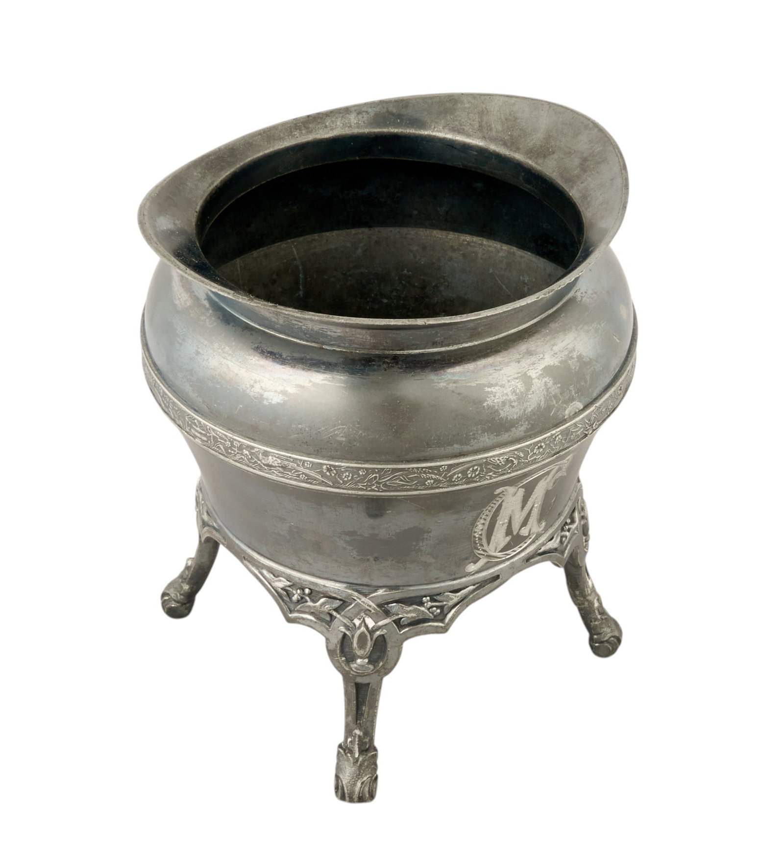 Red McCombs | Monogrammed Silver-Plated Vessel: Monogrammed silver-plated vessel, marked "Webster MFG Co.", with MC monogram engraving height 6 in. x width 5 in. x depth 5 in. Provenance: Property from the personal