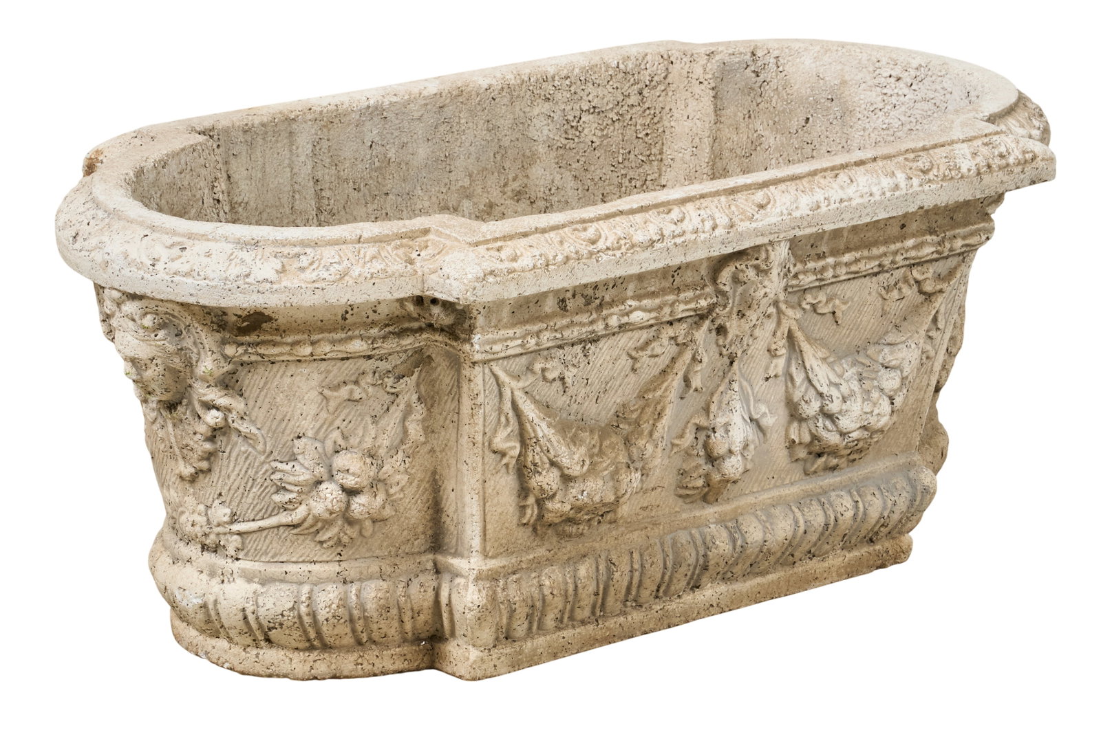 Red McCombs | Vintage Italian Concrete Planter: Vintage Italian concrete planter with detailed Classical style reliefs height 14.6 in. x depth 32 in. x depth 16 in. Provenance: Property from the personal estate collection of iconic Texas