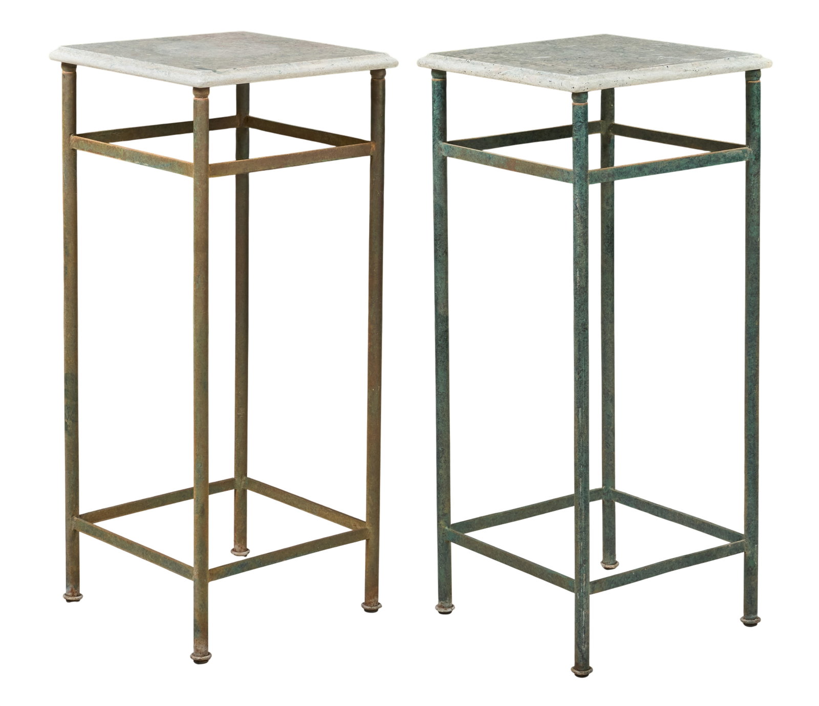 Red McCombs | Pair of Marble Top Plantstands: Pair of marble top plant stands with weathered iron bases height 35 in. x width 15 in. x depth 15 in. Provenance: Property from the personal estate collection of iconic Texas businessman, civic 