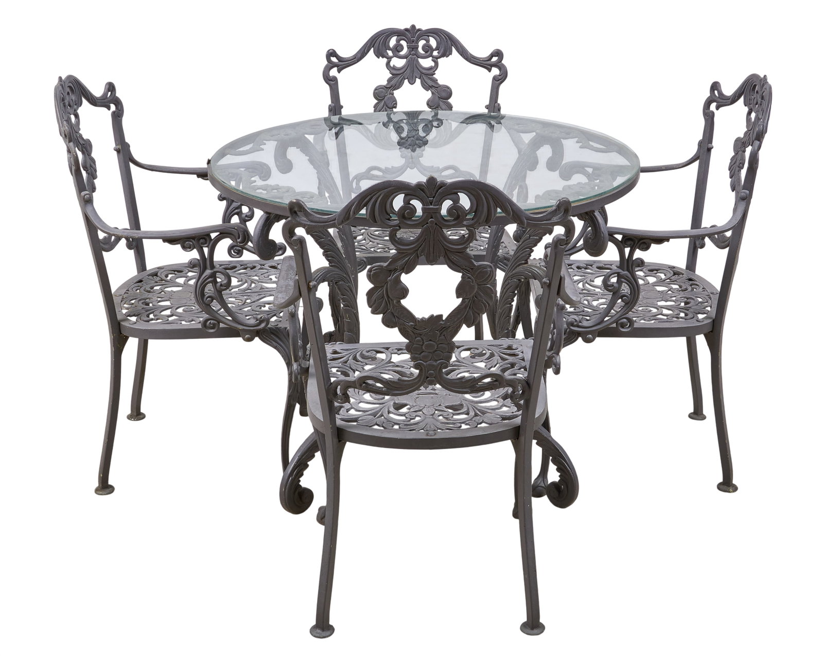 Red McCombs | Aluminum Patio Set: Five piece aluminum patio set with circular glass top table with four chairs with decorative backs and seats height 28 in. x diameter 36 in. / table height 35 in. x width 21 in. x depth 16 in. /