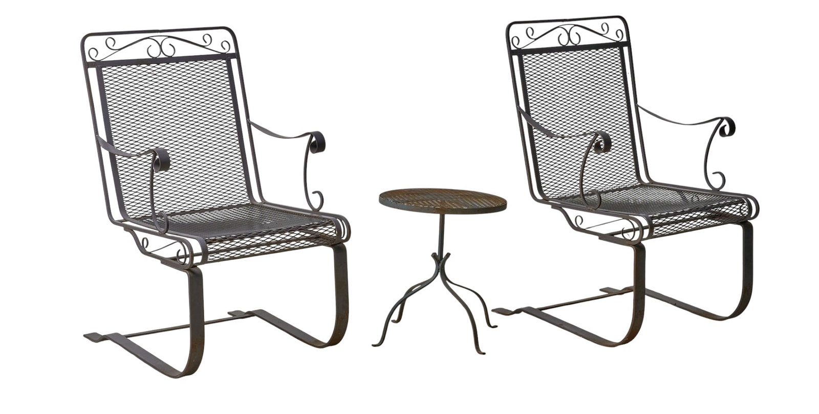 Red McCombs | (3) Pc Patio Set: Three-piece patio set featuring two aluminum chairs with a mesh seat and back, and one small side table height 37 in. x width 20.5 in. x depth 25 in. / each chair Provenance: Property from the persona