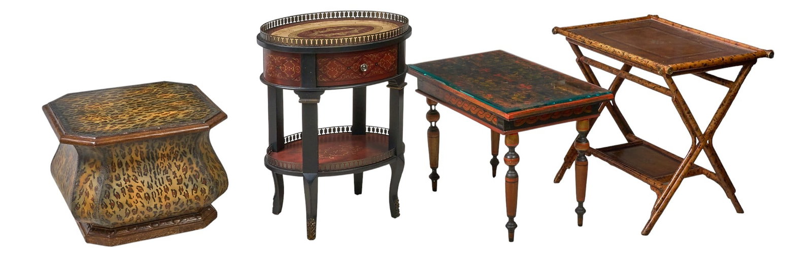 Red McCombs | (4) Various Accent Tables: Four various occasional tables, includes a low table with interior storage and leopard print finish, a two-tier oval table with a single drawer, a hand-painted accent table with a glass top,