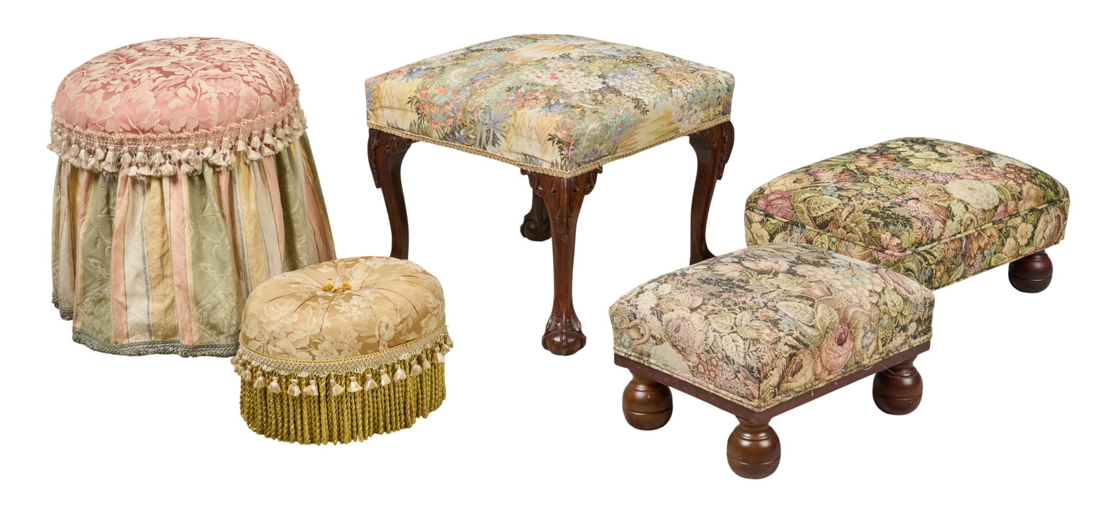 Red McCombs | Collection of (5) Decorative Floral Ottomans: Collection of five decorative floral ottomans, of various sizes and styles, one with interior storage height 20 in. x width 19 in. x depth 19 in. / largest 