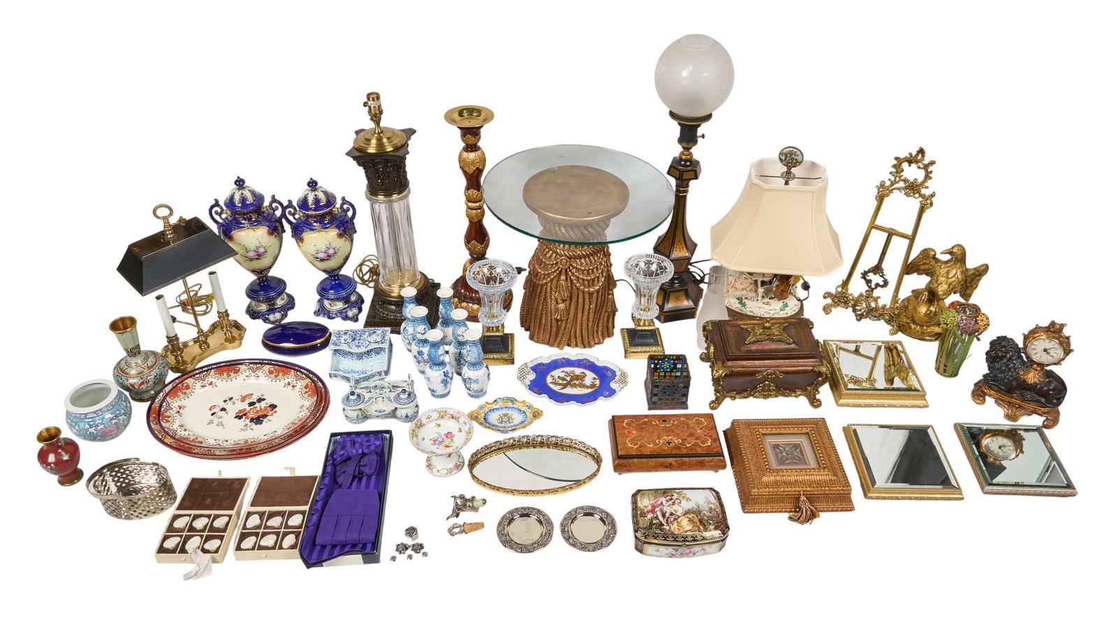 Red McCombs | Collection of Decorative Items: Collection of decorative items, vases, candlesticks, ornate boxes, a glass-top pedestal table, lamps, and various small decorative objects height 33 in. x diameter 8 in. / largest Provenance