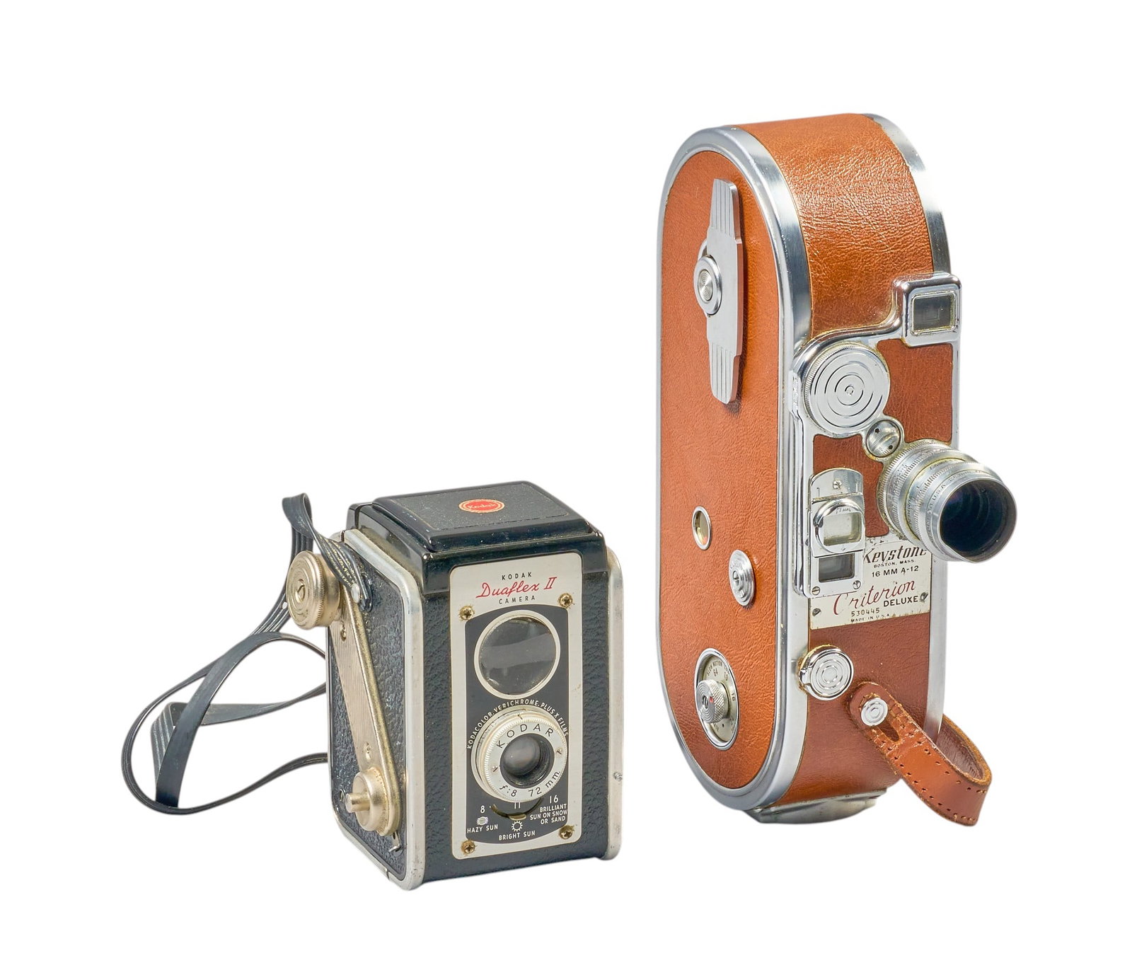 Red McCombs | (2) Vintage Cameras: Two vintage cameras, includes one Kodak Duaflex II roll film box camera, circa 1954, uses 620 roll film to produce square 6 x 6 cm exposure, and one Keystone Criterion Model A-12 Deluxe 16mm