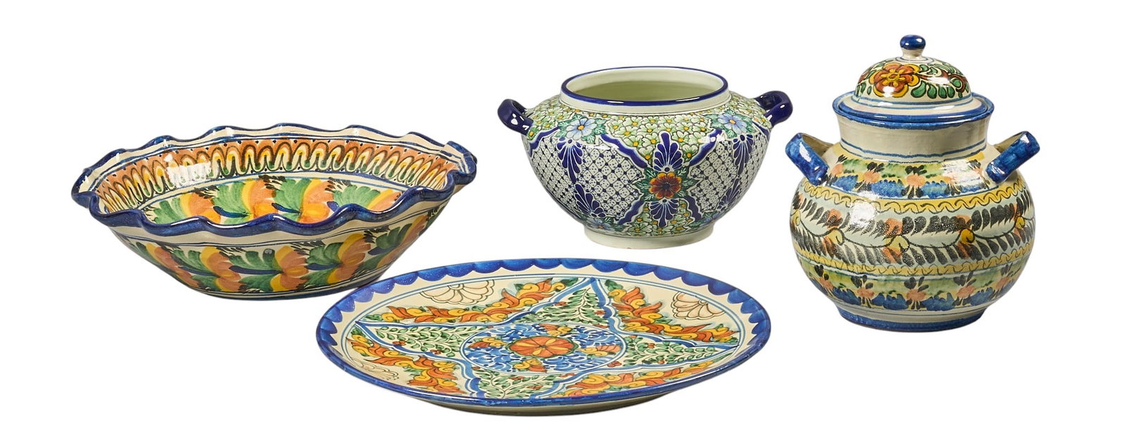 Red McCombs | (4) Pieces of Talavera Pottery: Collection of hand-made and painted Mexican Talavera (Puebla) pottery, includes serving bowl, platter, tureen with applied handles, and jar with lid height 2 in. x width 18 in. x depth 18 in. / l