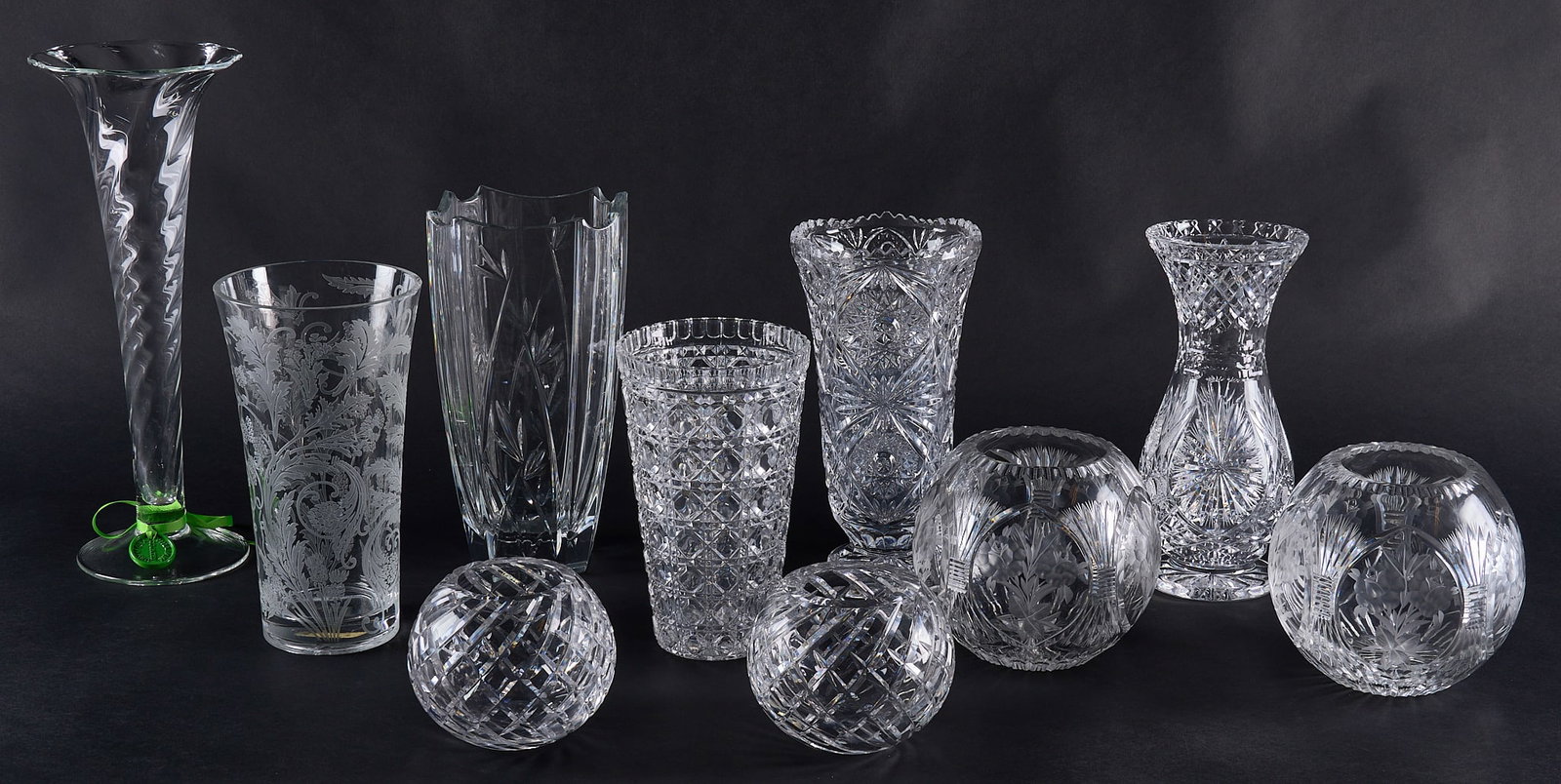 Red McCombs | Collection of (10) Cut Crystal Vases: Collection of ten various cut crystal vases, of various styles and sizes, includes one Waterford, and one William Country Yeoward height 18 in. x 7 in. x 7 in. / largest Provenance: Property from the 