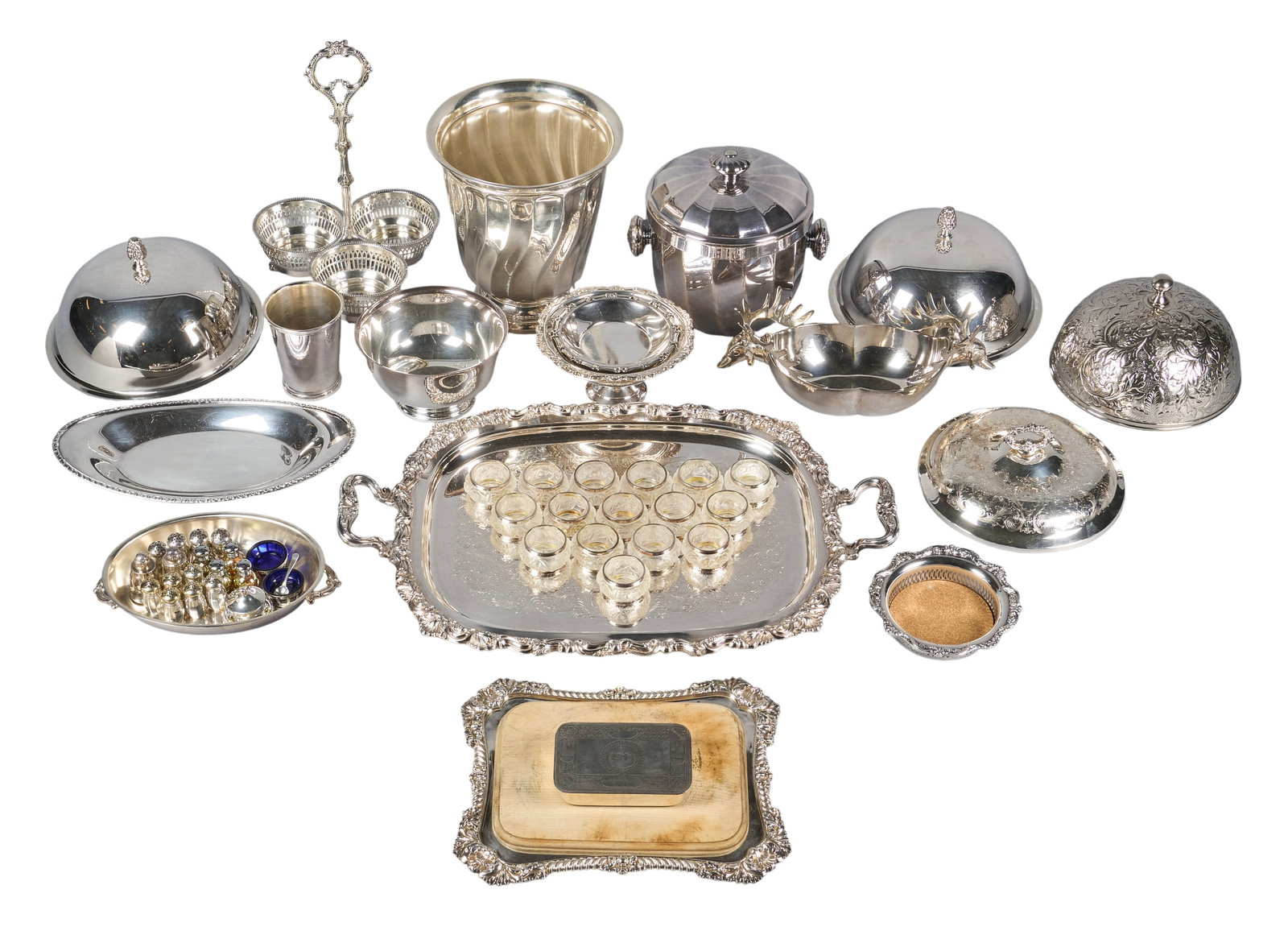 Red McCombs | Collection of Vintage Silverplate Holloware: Collection of vintage silverplate holloware, featuring serving trays, ice buckets, covered dishes, shot glasses, and decorative bowls height 14 in. x diameter 9 in. / largest Provenance: Pro