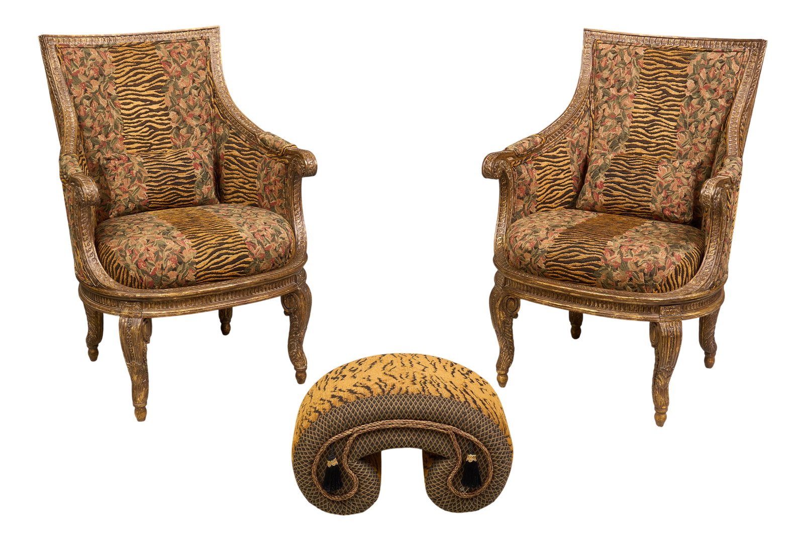 Pair of Louis XVI Style Bergere and Ottoman (1 of 3)