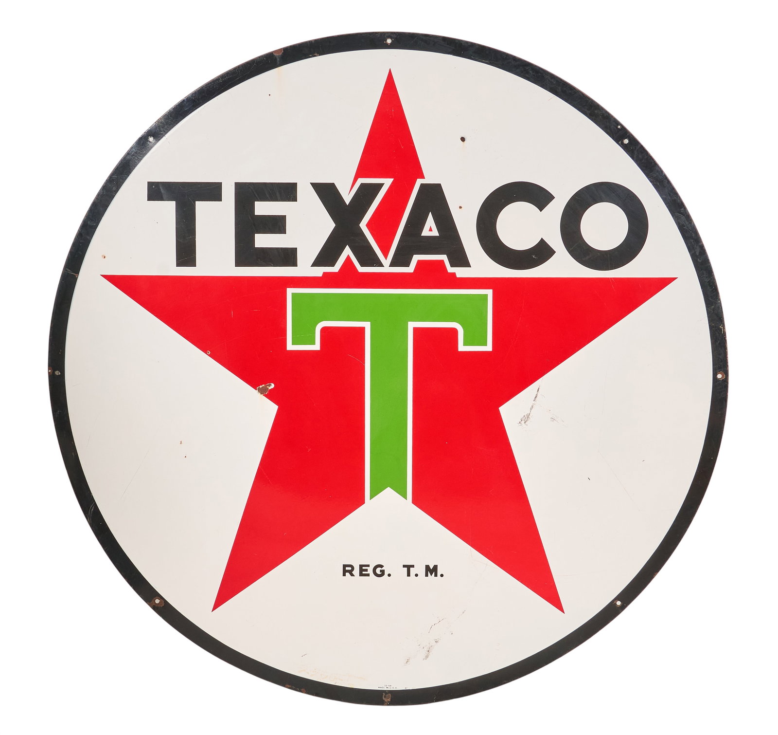 Double-Sided Monumental 6 Ft. Texaco Porcelain Sign: Double-sided monumental Texaco porcelain sign, dated 1958 length 72 in. x width 72 in. Provenance: Property from a home in San Antonio, Texas 