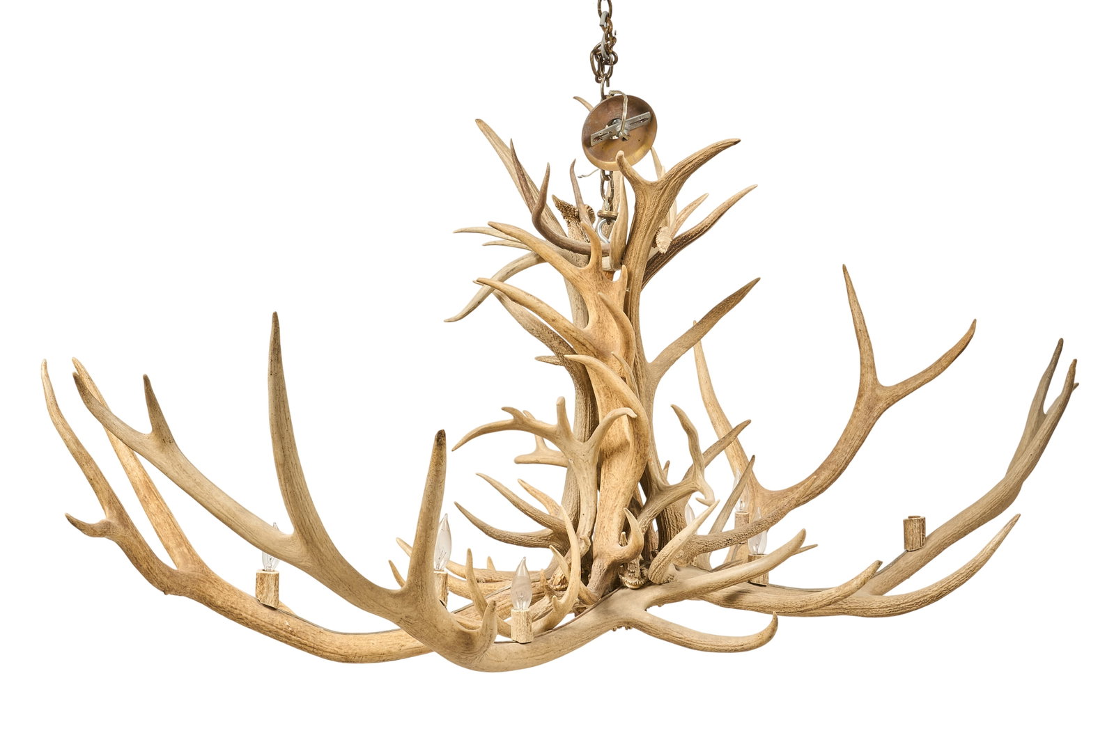 Elk Antler Chandelier: Ranch style elk antler chandelier height 36 in. x width 84 in. x depth 36 in. Provenance: Property from a home in Fredericksburg, Texas