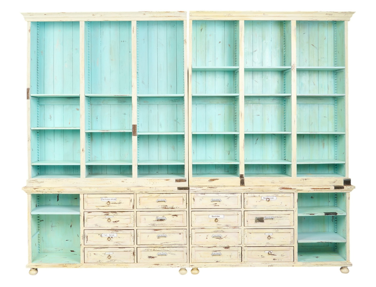 11 ft. Wide Monumental General Store Apothecary Cabinet: Monumental eleven-foot-wide general store apothecary cabinet, composed of four separate sections, with shelf and storage space, decorated with distressed bright blue, and white paint finish,