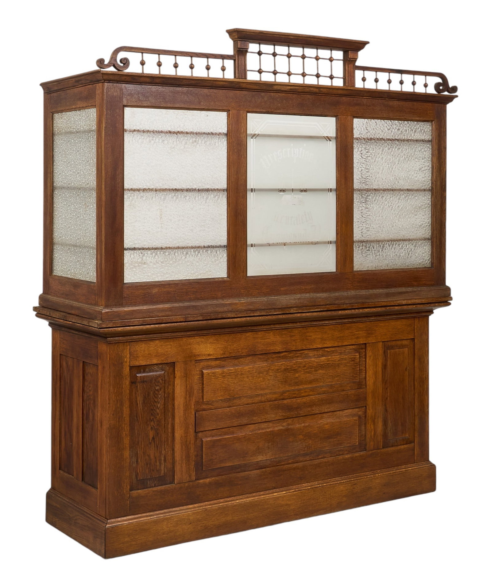 (2) Pc. General Store Counter: Two piece general store counter, with frosted glass panels, three drawers, and one shelf height 78.5 in. x width 68 in. x depth 25.5 in. Provenance: Property from a home in Bells, Texas