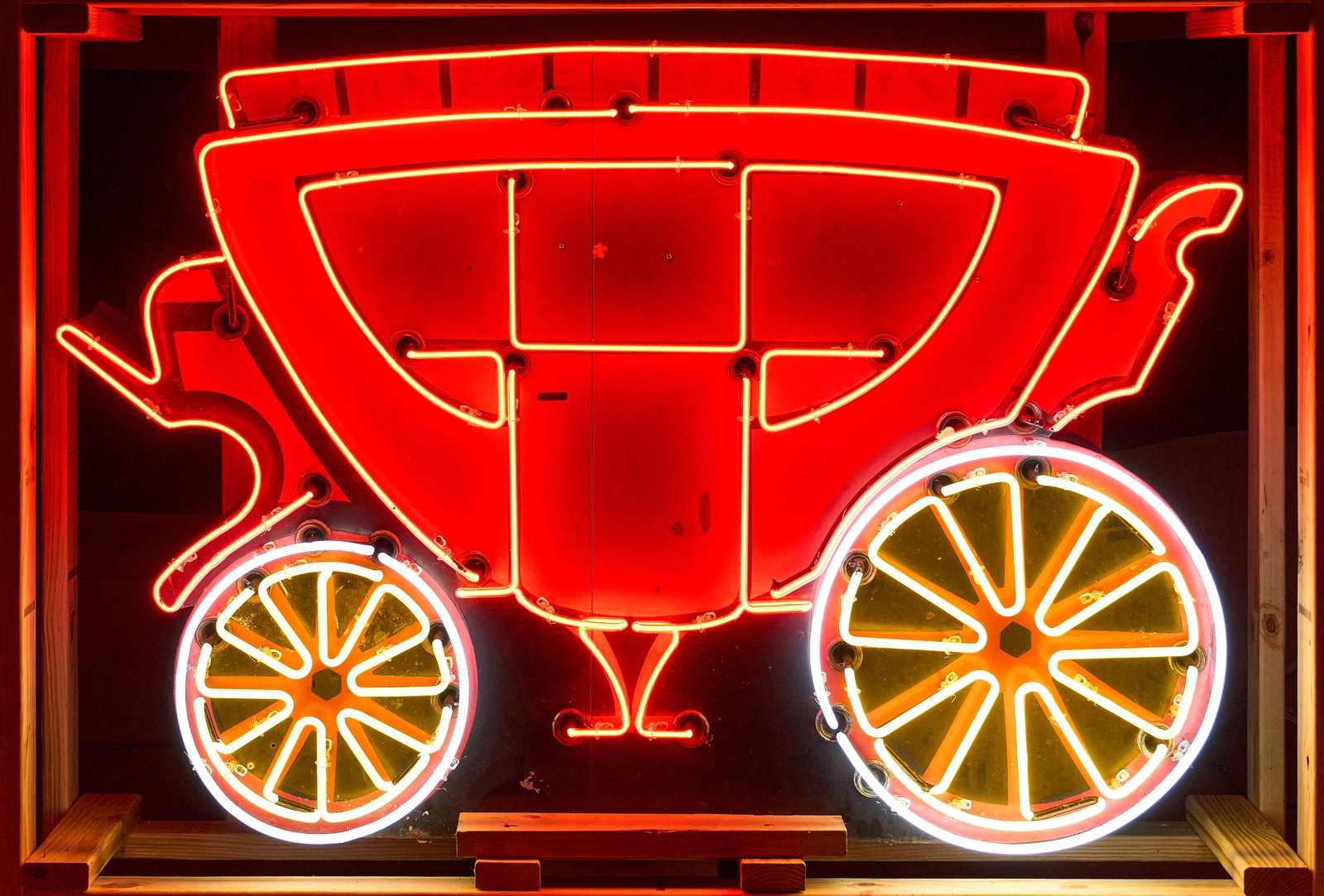 Stagecoach Neon Sign: Stagecoach neon sign, single-sided, in working condition, housed in custom shipping crate height 44 in. x width 65 in. x depth 15 in. Provenance: Property from a home in San Antonio, Texas