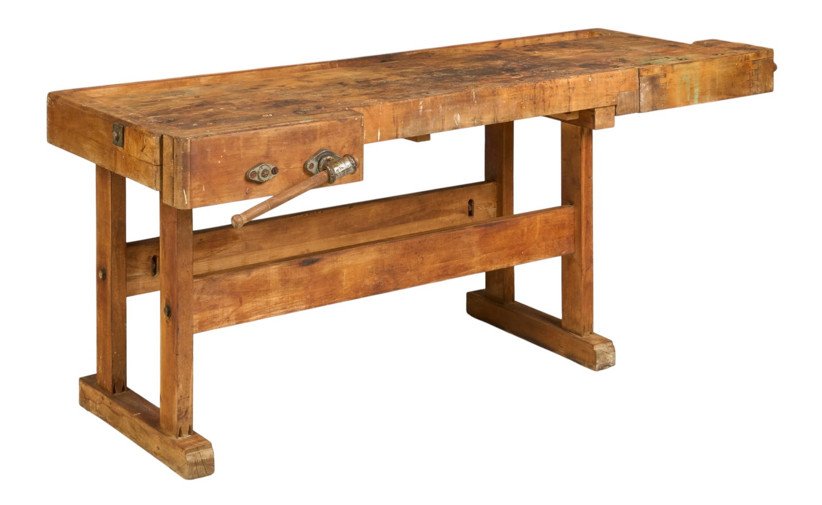 Rustic Work Bench: Rustic Austrian farmhouse work bench with two vices, marked with Joh. Weiss & Sohn, Wein furniture maker sticker label height 32.5 in. x width 80 in. x depth 32 in. 