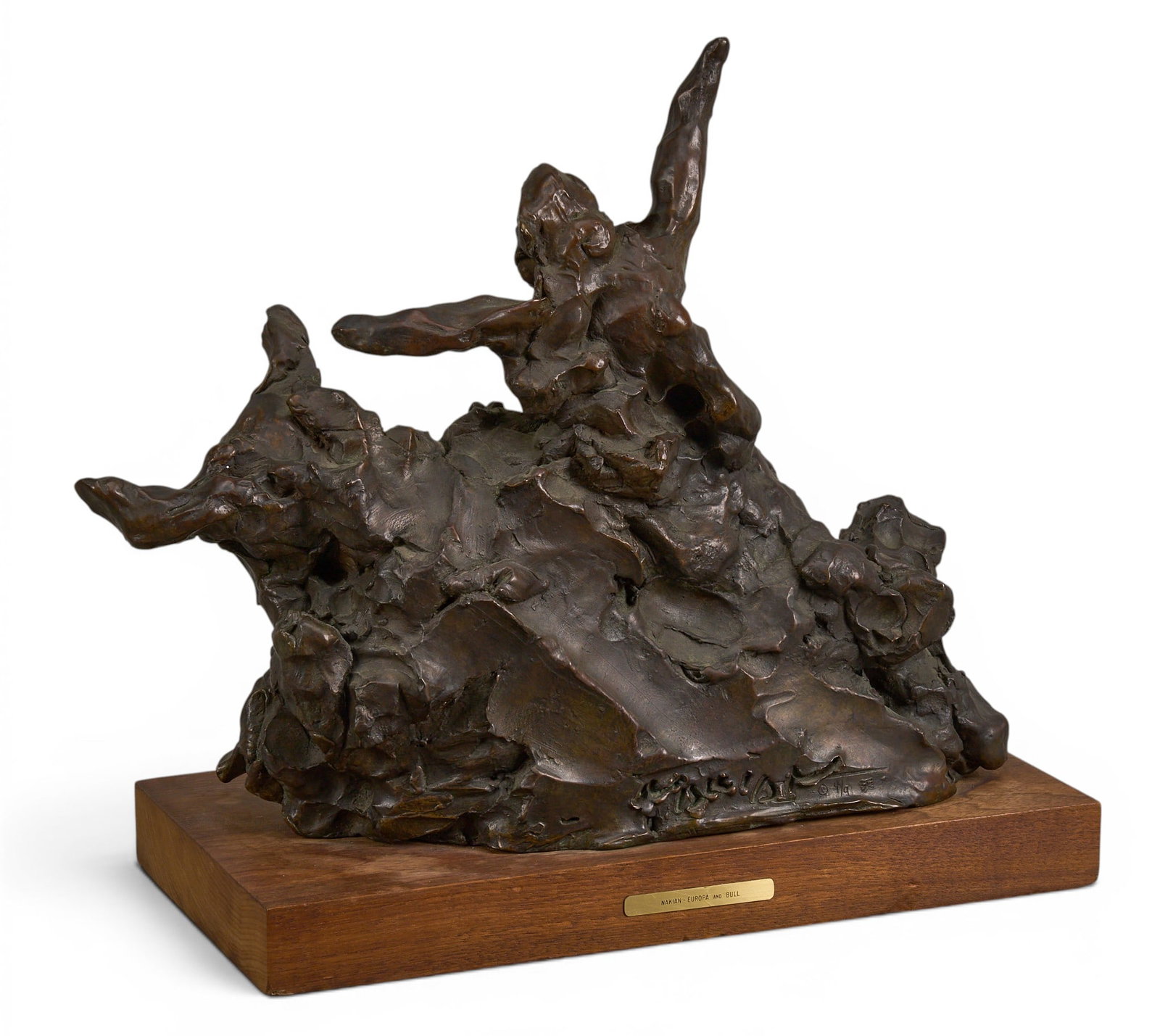 Reuben Nakian, "Europa and the Bull": Reuben Nakian (Amer., 1897-1986), "Europa and the Bull", artist-cast bronze sculpture on wooden base, with incised signature and edition number 4/9 height 16 in. x width 19 in. x