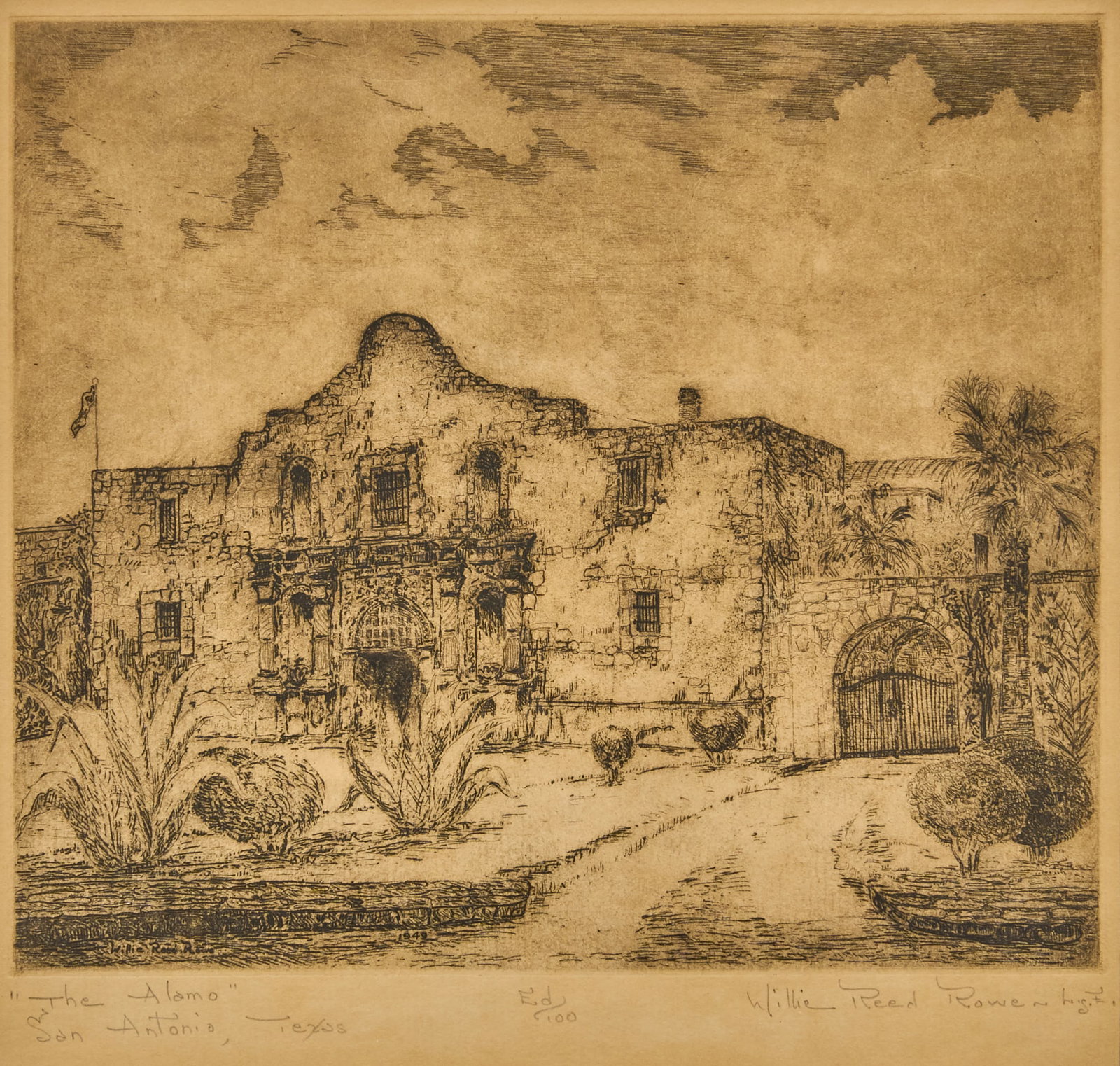 Willie Reed Rowe, The Alamo: Willie Reed Rowe (Texas / Louisiana, 1914-1986), "The Alamo -- San Antonio, Texas", metal plate etching, with pencil inscription, edition of 100, and "L. S. E." (Louisiana Society