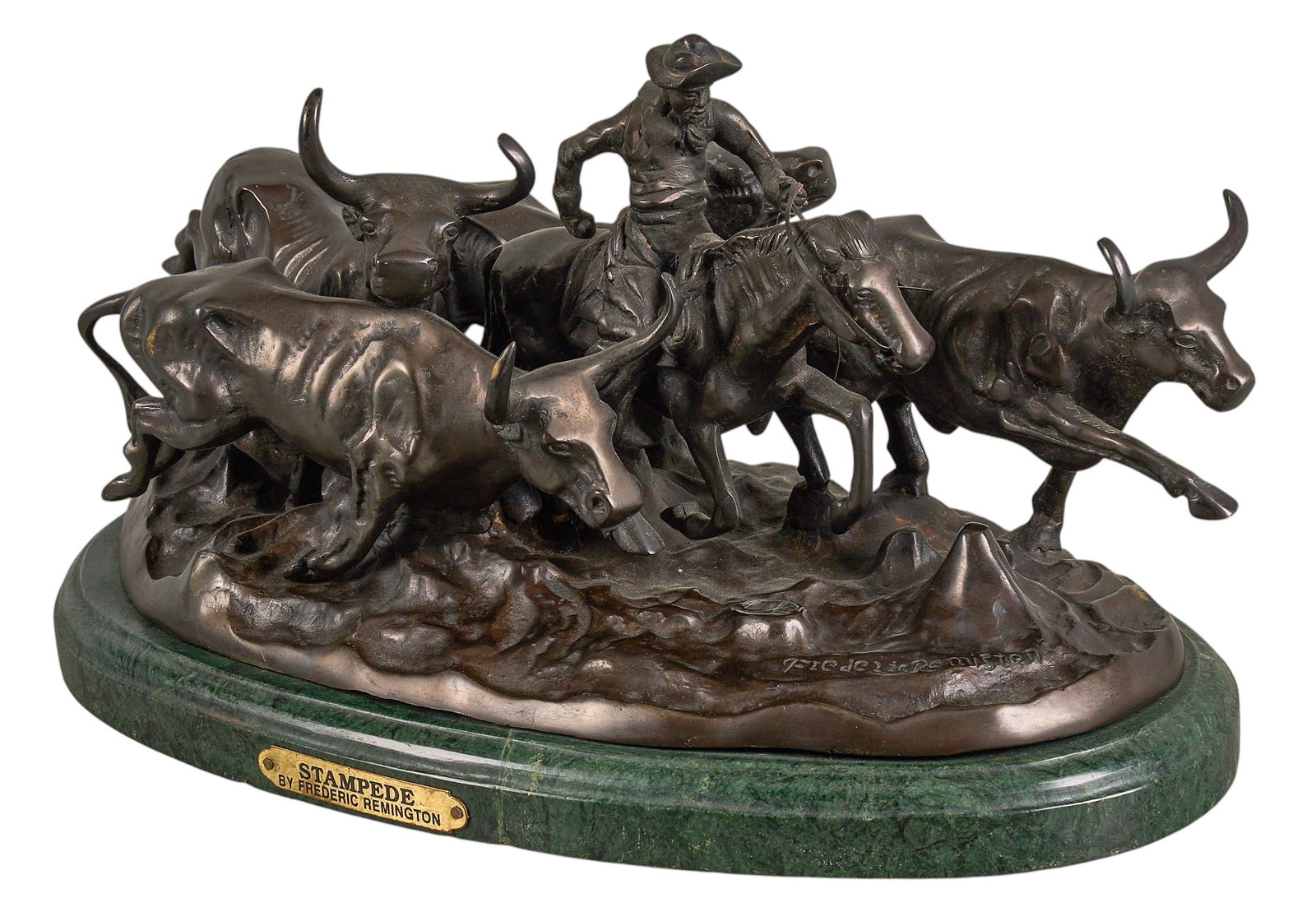 After Frederic Remington, "Stampede": After Frederic Remington (Amer., 1861-1909), "Stampede", bronze recast sculpture on stone base, with number 30 stamped into the sculpture height 9 in. x width 18 in. x depth 10