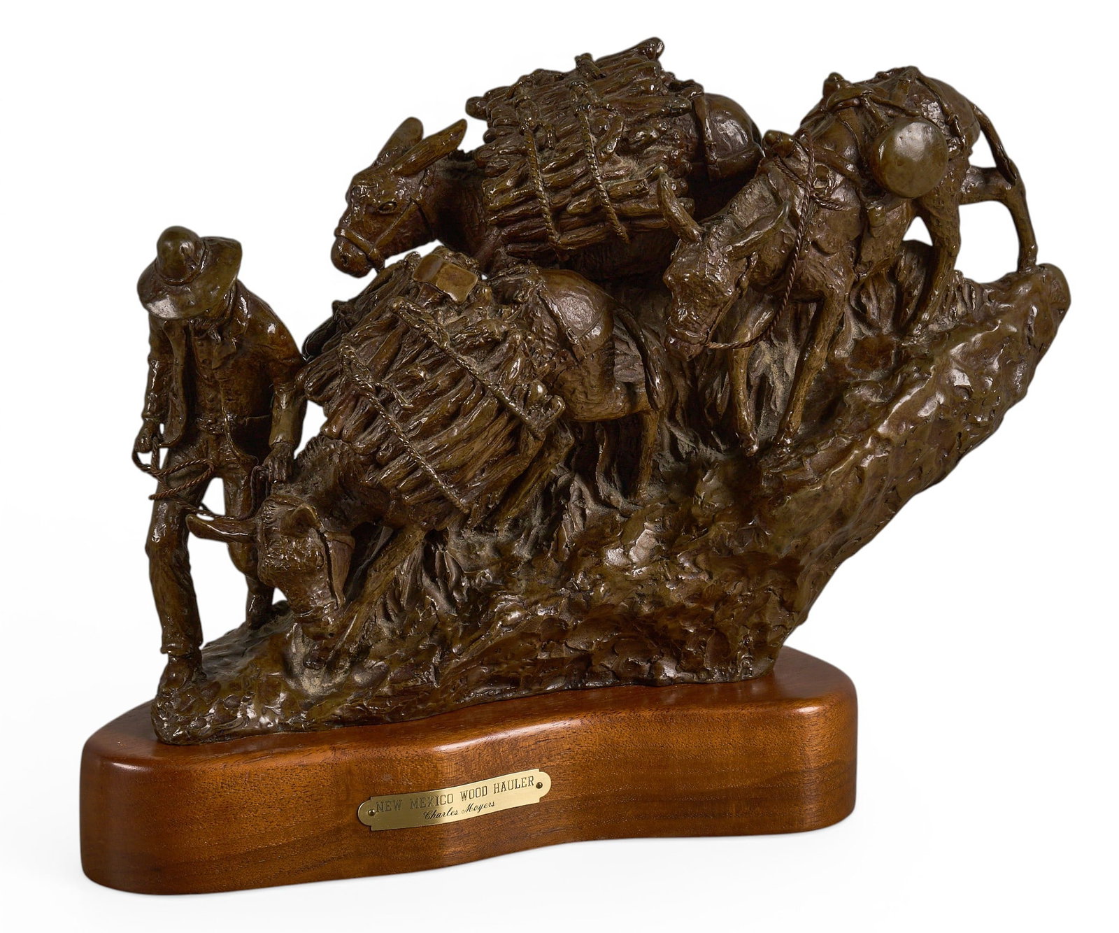Charles Moyers, "New Mexico Wood Hauler": Charles Moyers (New Mexico, b. 1956), "New Mexico Wood Hauler", artist-cast bronze sculpture on wooden base, with incised signature, edition number 5/20, and date, 1982 height 11 in. x