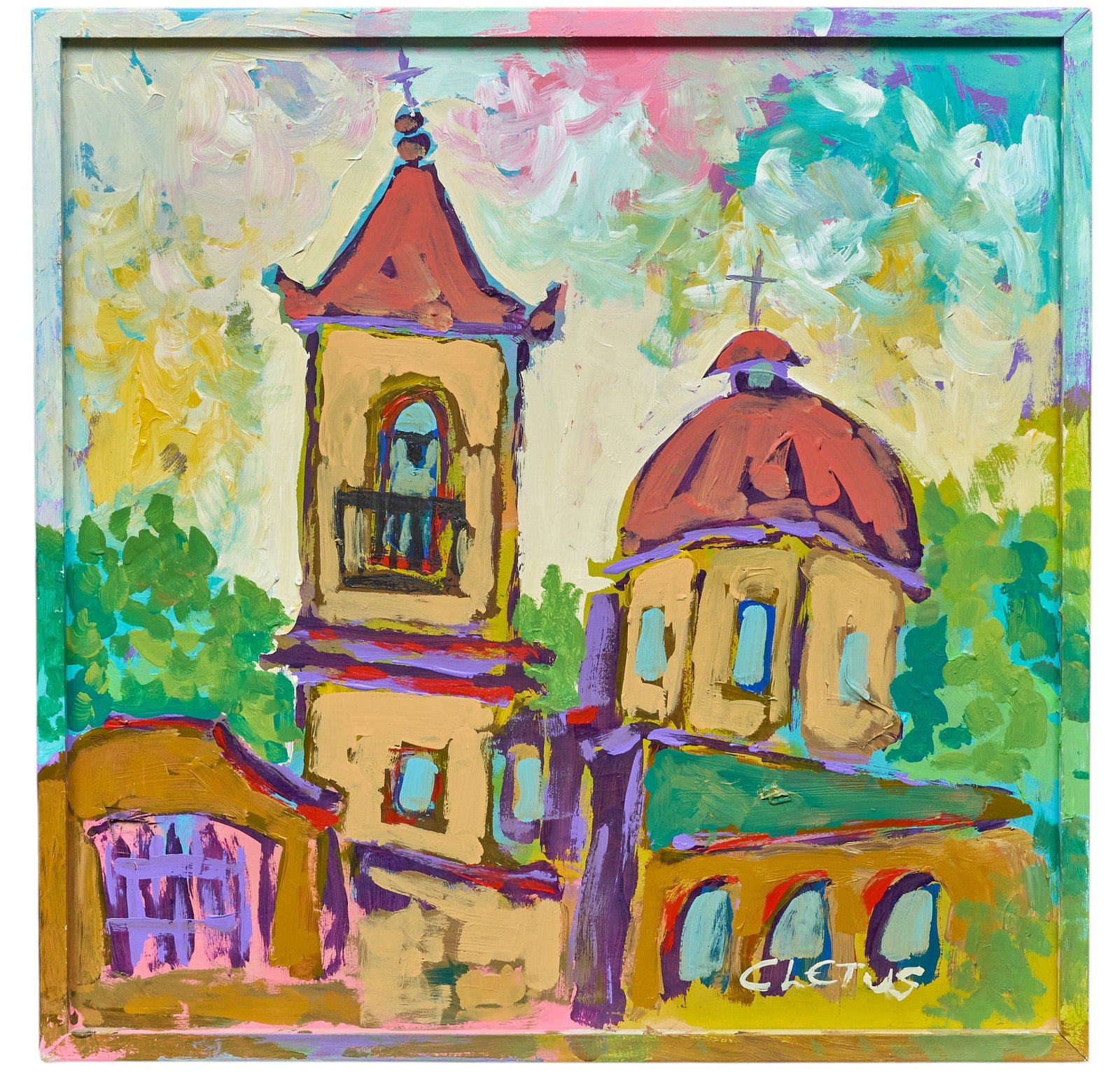 Brother Cletus Behlmann, Mission San Jose: Brother Cletus Behlmann (San Antonio, Texas, 1933-2016), view of Mission San Jose, acrylic on wood panel, in artist-made and continuously-painted box frame, signed lower right, with artist's