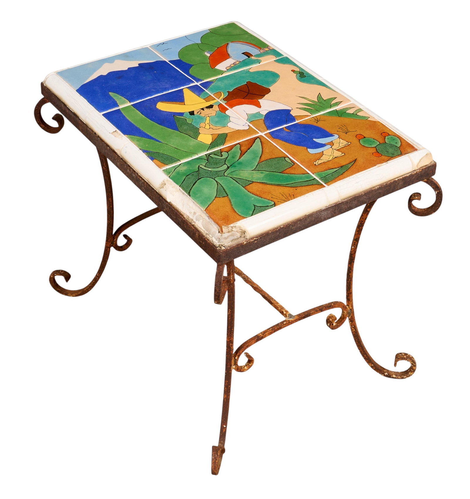San Jose Pottery Tile Top Table: Pulque Harvester: San Jose Pottery (directed by Ethel Wilson Harris, San Antonio, Texas), table top panel of 6 hand-painted and fired ceramic tiles depicting a harvest scene with man with pigskin vessel on his back