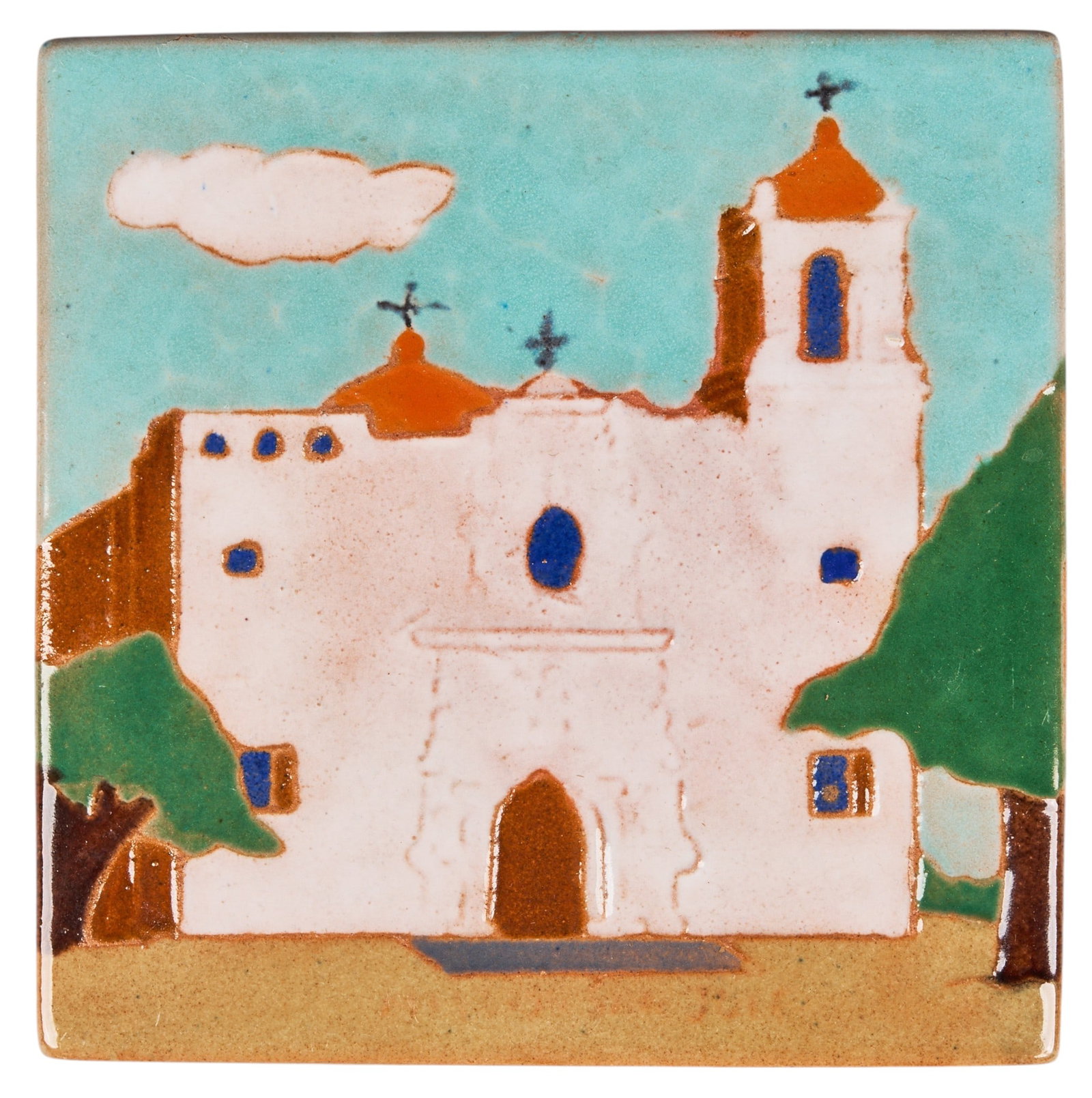 San Jose Pottery Tile: San Jose Pottery (directed by Ethel Wilson Harris, San Antonio, Texas), hand-painted and fired ceramic tile depicting Mission San Jose, with inscription on the verso reading "Made in San