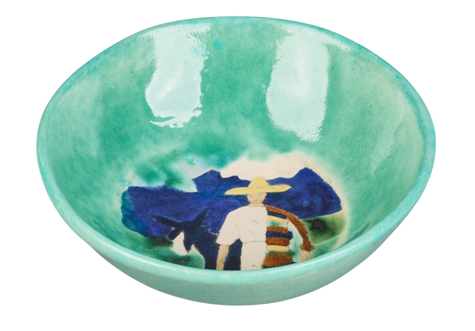 San Jose Pottery Style Bowl: San Jose Pottery style bowl, glazed and fired ceramic, central motif with man with a yellow sombrero and serape with his donkey, not marked height 2.5 in. x 6.5 in. diameter Provenance: Property from