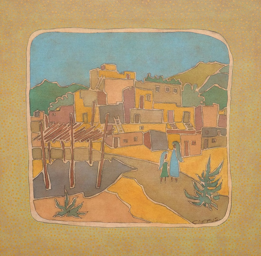 Brother Cletus Behlmann, Pueblo Scene: Brother Cletus Behlmann (San Antonio, Texas, 1933-2016), pueblo scene with figures walking on path, acrylic on canvas, signed lower right sight: 33 x 33.5 in., frame: 34 x 34.5 in. Provenance: