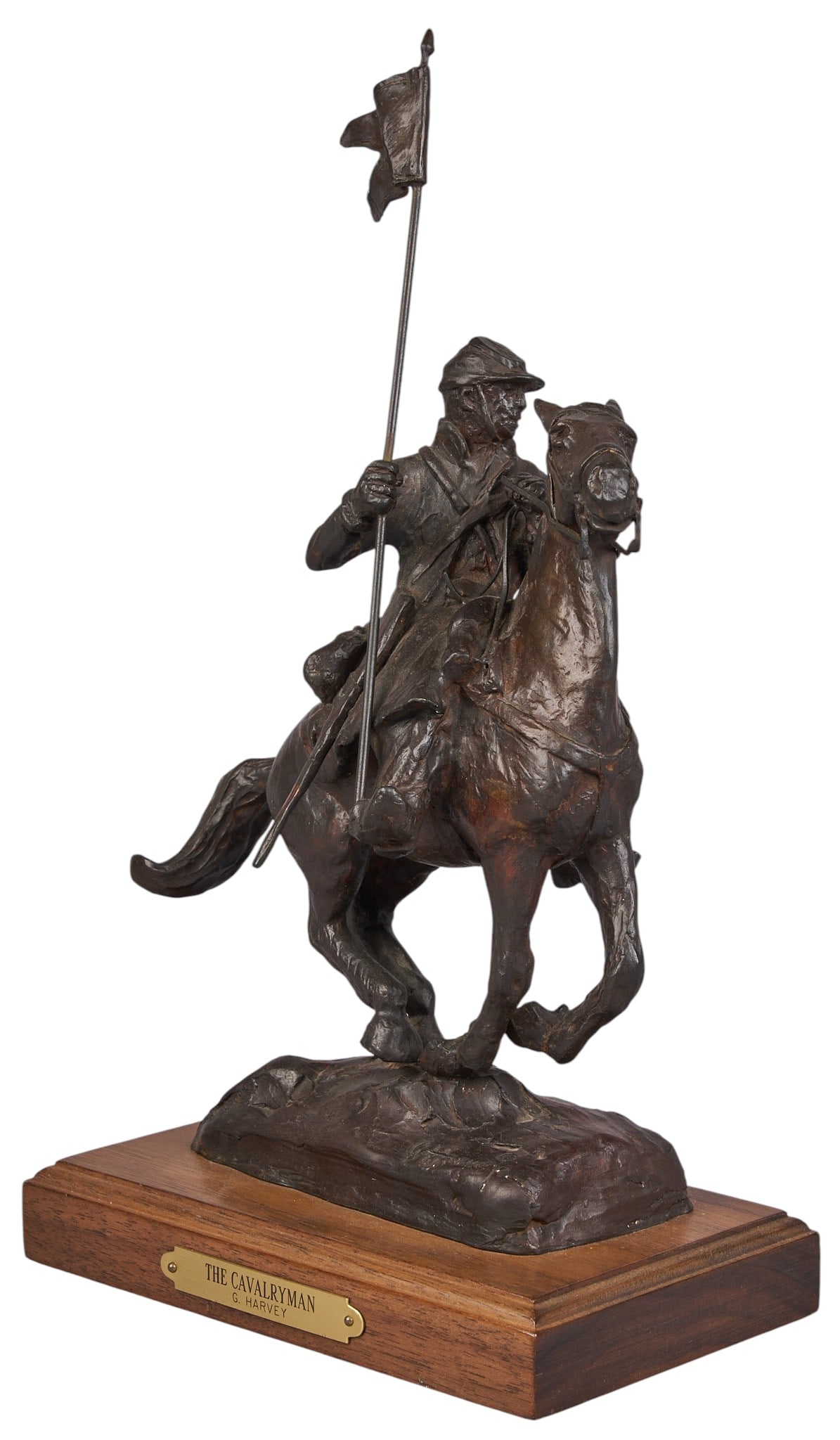 G. Harvey, "The Cavalryman": G. Harvey (Gerald Harvey Jones, Texas, 1933-2017), "The Cavalryman", artist-cast bronze sculpture on wooden base, with incised signature, edition number 29/100, and date, 1989