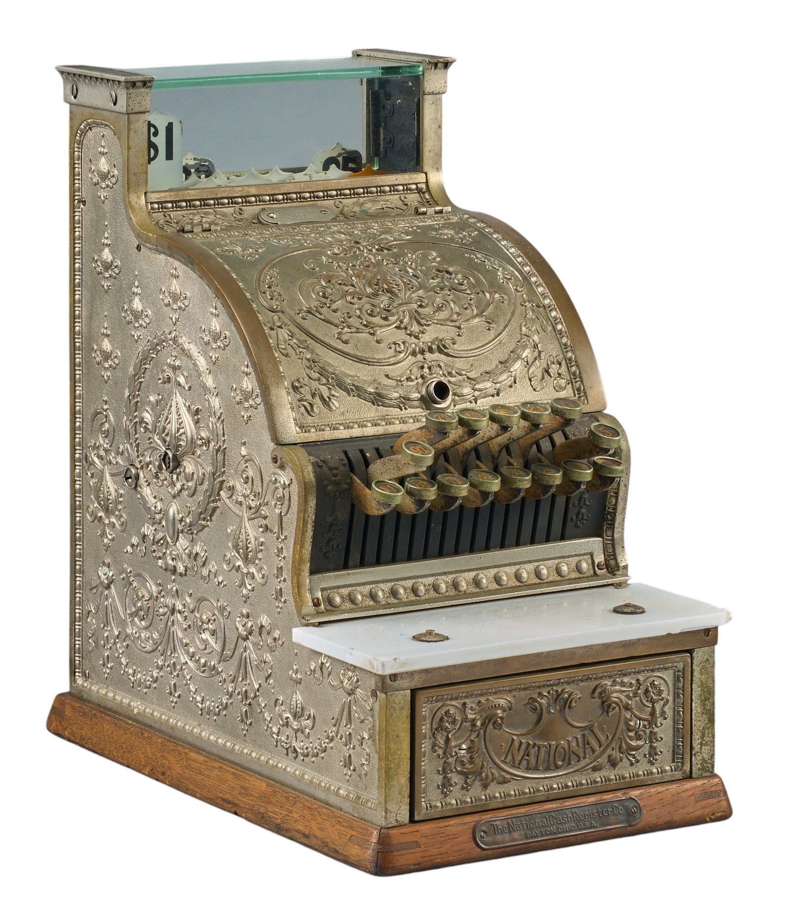 Vintage National Candy Store Cash Register Model 313: National Candy Store Cash Register Model 313 with brass repousse body, marked "S227190L" height 17 in. x width 10.5 in. x depth 16.5 in. Provenacne: Property from a home in San Antoni