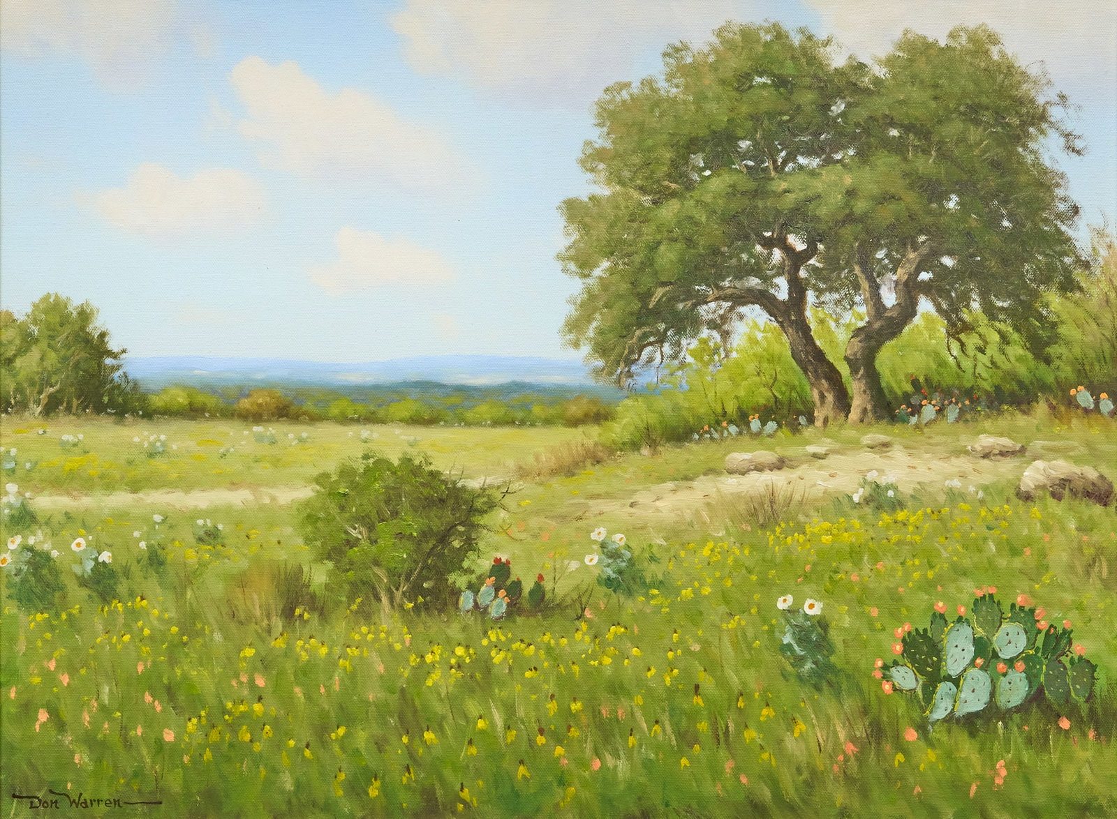Don Warren, Hill Country Landscape: Don Herrin Warren (Texas, 1935-2006), Hill Country landscape with oak and cactus, oil on canvas, signed lower left sight: 18 x 24 in., frame: 25.5 x 31.5 in. Provenance: Property from a