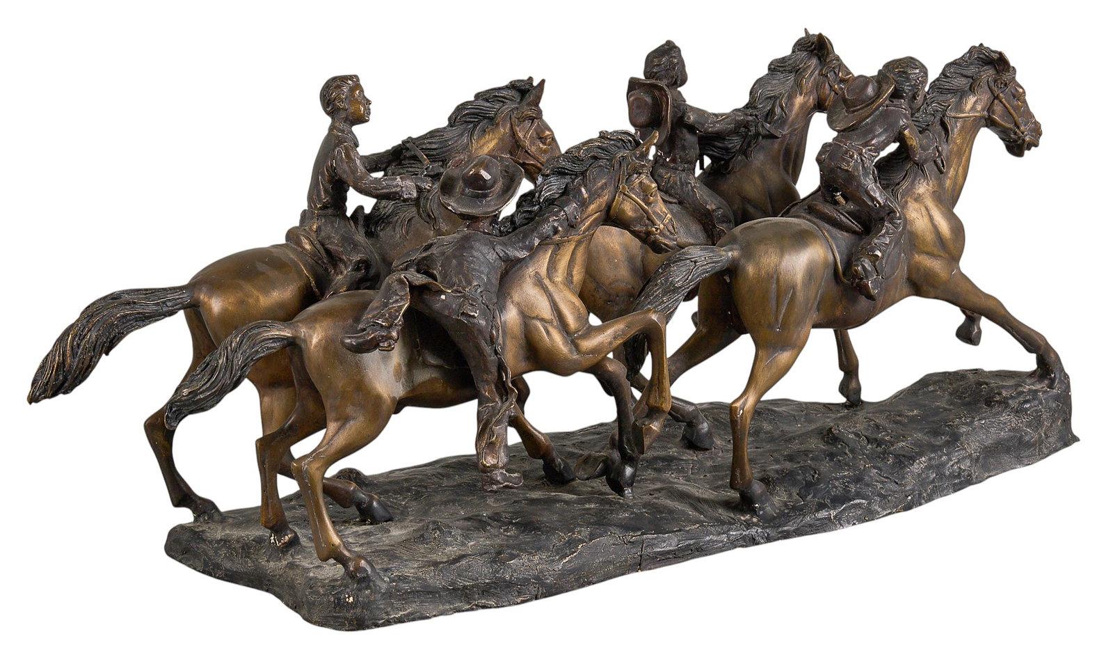 Bronze Group of Riders: Cast bronze sculpture in the manner of Remington or Russell, group of Western riders, appears not signed height 13 in. x width 30 in. x depth 10 in. Provenance: Property from the Estate of Joy Speck