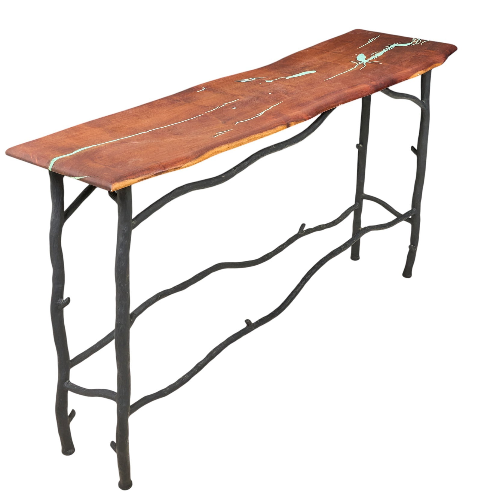 Live Edge Entry Table: Entry table with live edge top and turquoise inlay, supported on painted metal branch base height 33 in. x width 61 in. x depth 15 in. Provenance: Property from a home in