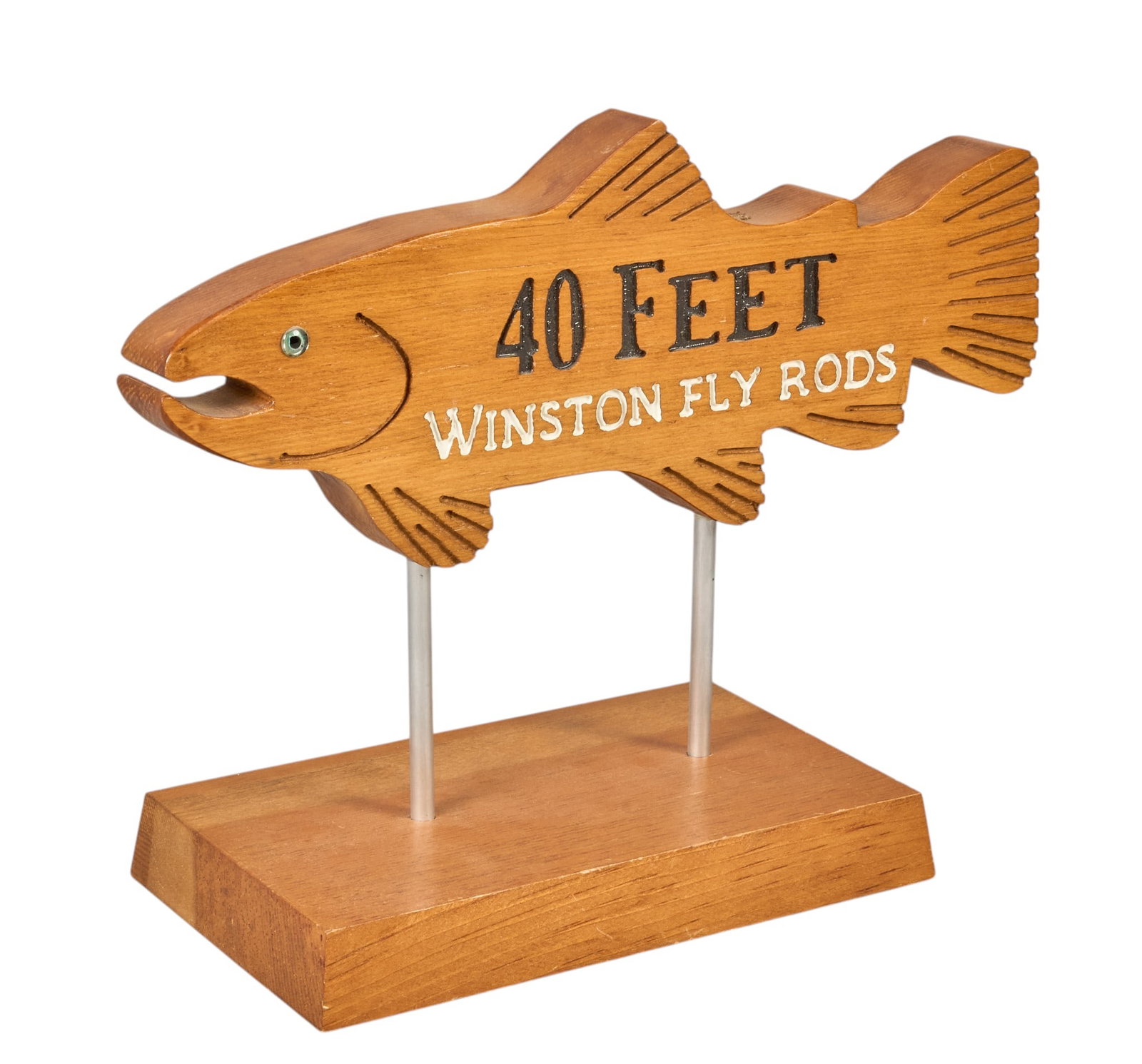 Winston Fly Rods 40 Feet Casting Target: Winston Fly Rods 40 feet casting target, custom-made store fixture for Winston dealers, marked "Showcase Carving", "Whitehall Montana" height 12.5 in. x width 16 in. x depth