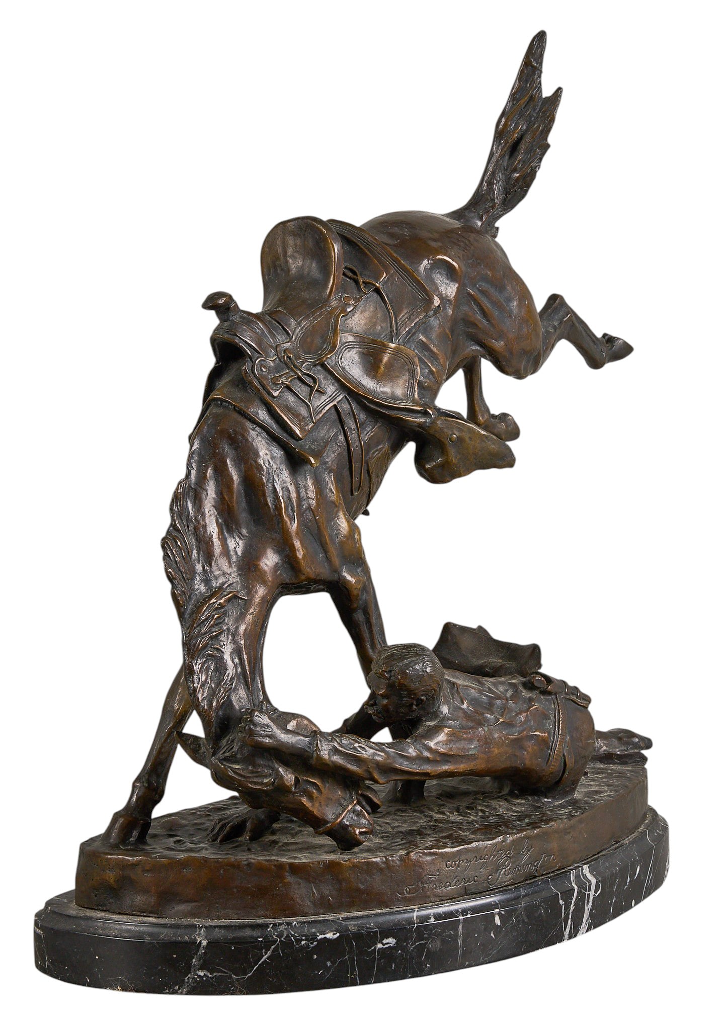 After Frederic Remington, "Wicked Pony": After Frederic Remington, "Wicked Pony", bronze recast sculpture on stone base height 23 in. x width 20 in. x depth 11 in. (including base) Provenance: Property from the