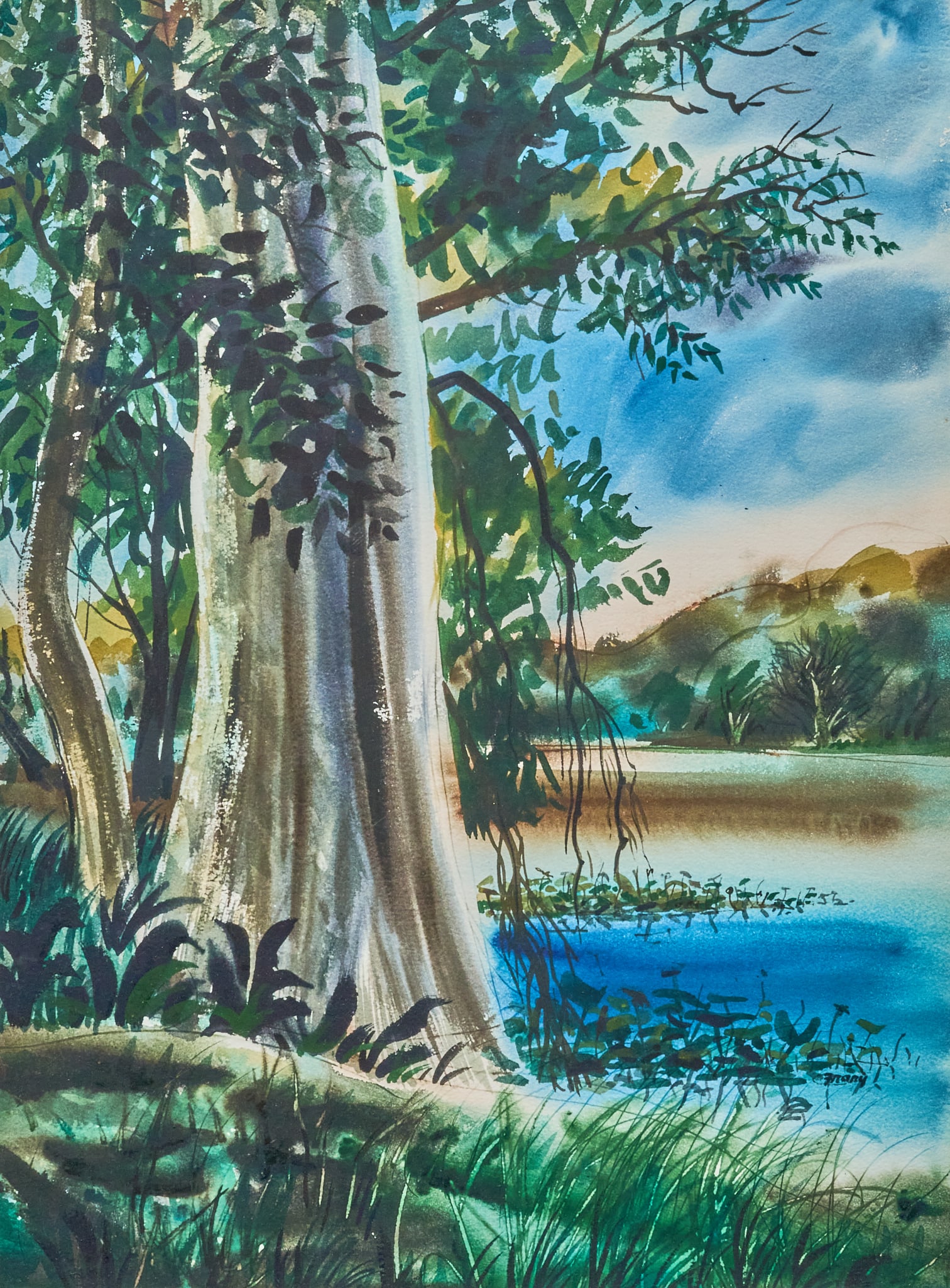 Michael Frary, Tree Along River: Michael Frary (Texas, 1918-2005), view of tree along a riverbank, watercolor on paper, signed lower right sight: 28 x 21 in., frame: 40 x 33 in. Provenance: Property from a home in San