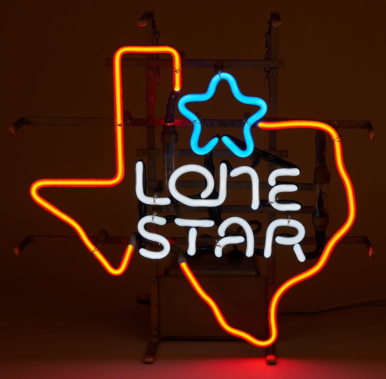 Vintage Lone Star Beer Neon Sign: Vintage Lone Star Beer neon sign, circa 1970s, in working condition height 17 in. x width 17 in. x depth 6 in. Provenance: Property from a New Braunfels, Texas collector of vintage signage
