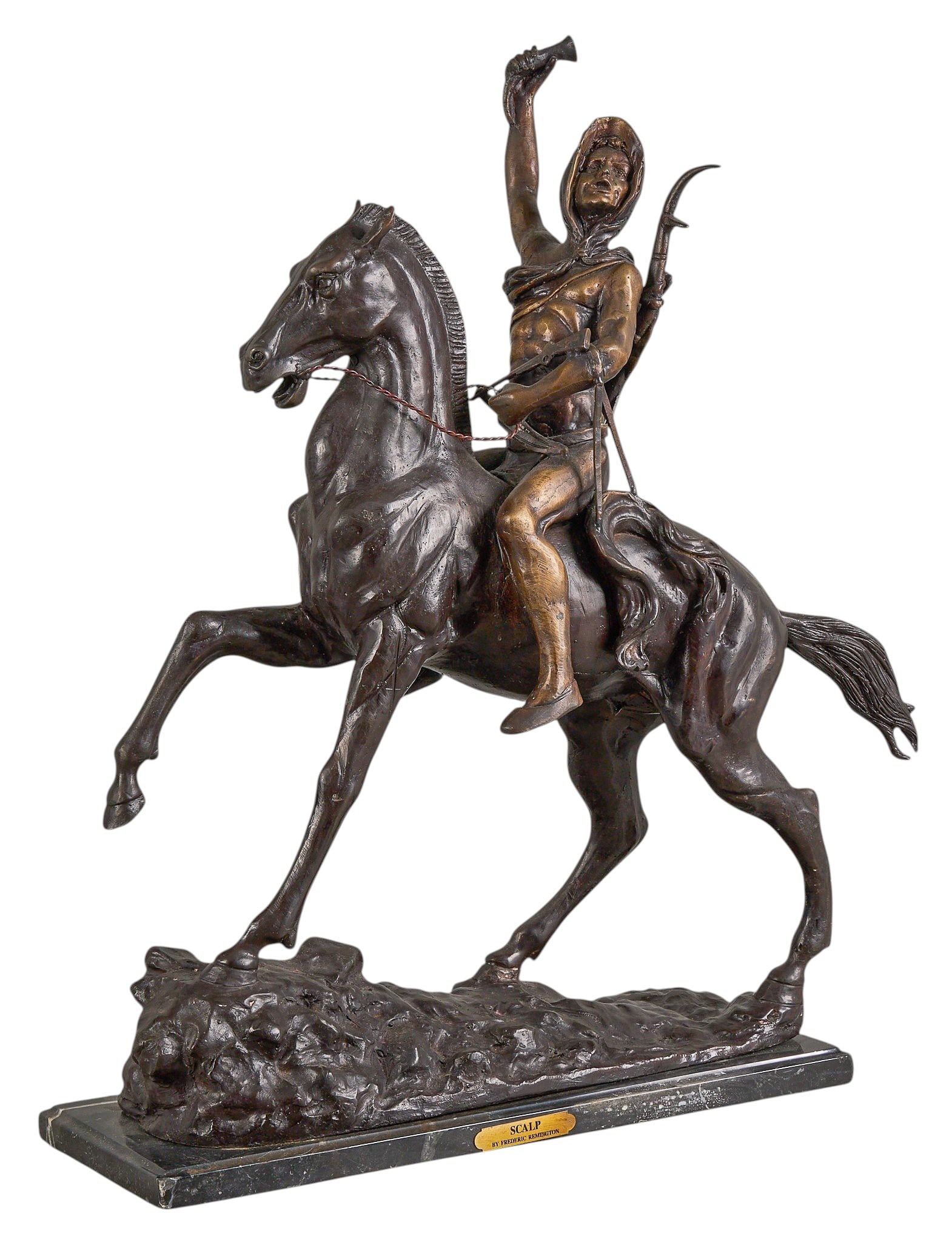 After Frederic Remington, "Scalp": After Frederic Remington (Amer., 1861-1909), "Scalp", bronze recast sculpture on stone base height 26 in. x width 23 in. x depth 7 in. (including base) Provenance: Property from the Estate