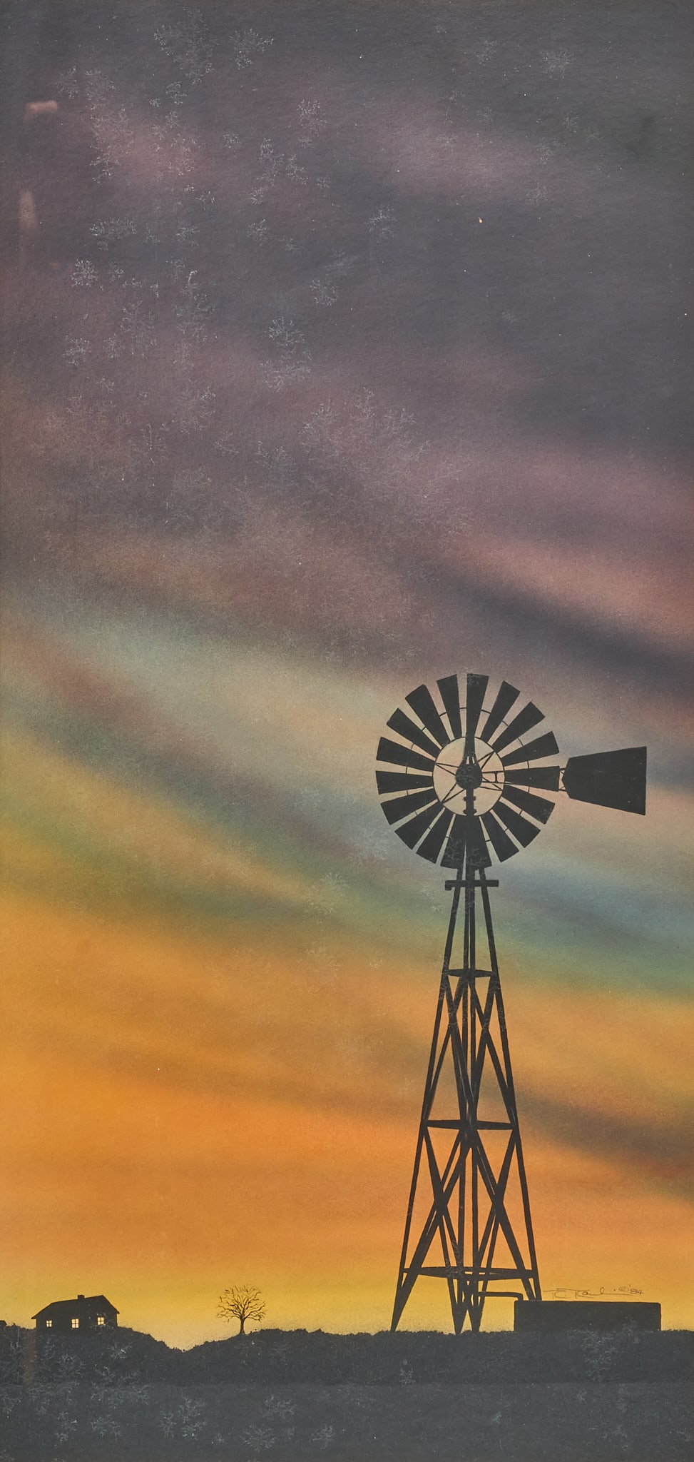 Randy Rankin, Windmill Silhouette: Randy Rankin (Amer., b. 20th C.), windmill silhouetted at sunset, mixed media on paper or illustration board, signed and dated lower right, 1984 sight: 27 x 13 in., frame: 32.5 x 18.5 in.