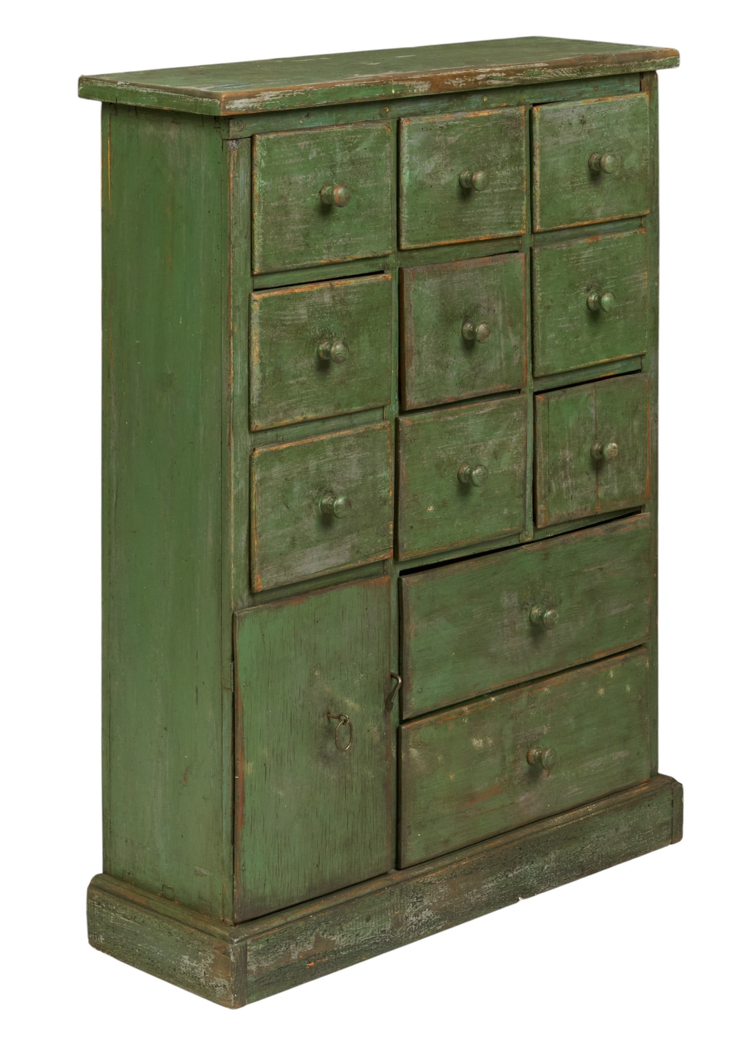 Apothecary Drawer Cabinet: Rustic apothecary cabinet with multiple drawers, and distressed green paint finish 38.5 in. x width 29.5 in. x depth 9.5 in, 