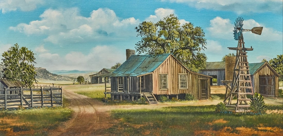 Richard Shader, "Bandera Ranch Land": Richard K. Shader (Texas, 1932-2015), "Bandera Ranch Land", oil on canvas, signed and dated lower right, 1982 sight: 15 x 30 in., frame: 23 x 38 in. Provenance: Property from a home in San