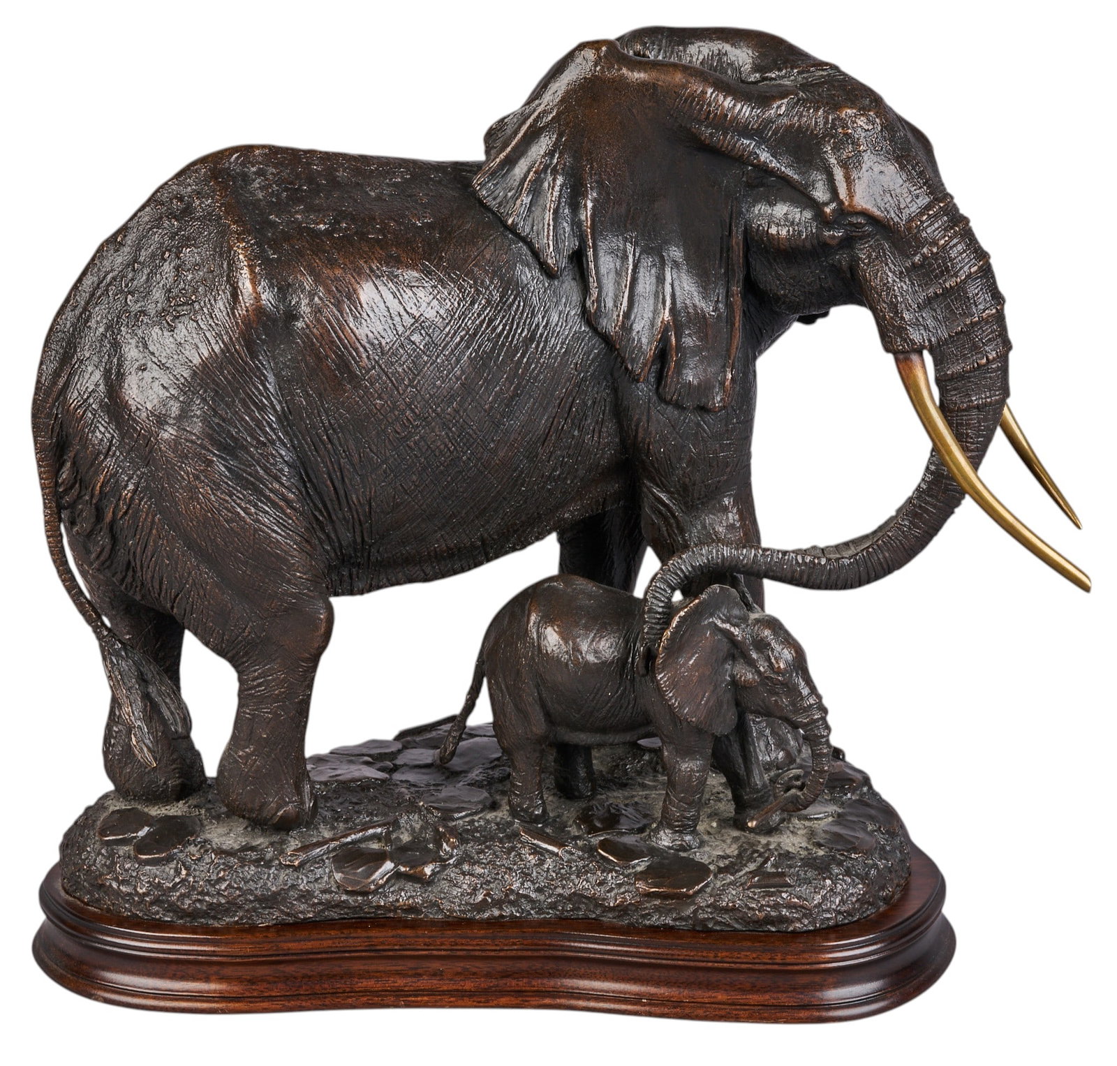 Tim Nicklin, Elephants Bronze: Tim Nicklin (Kenya, b. 20th C.), elephant mother and baby, artist-cast bronze sculpture on wooden base, with incised signature, edition number 7/10, and date, 1990 height 13 in. x width 12 in. x
