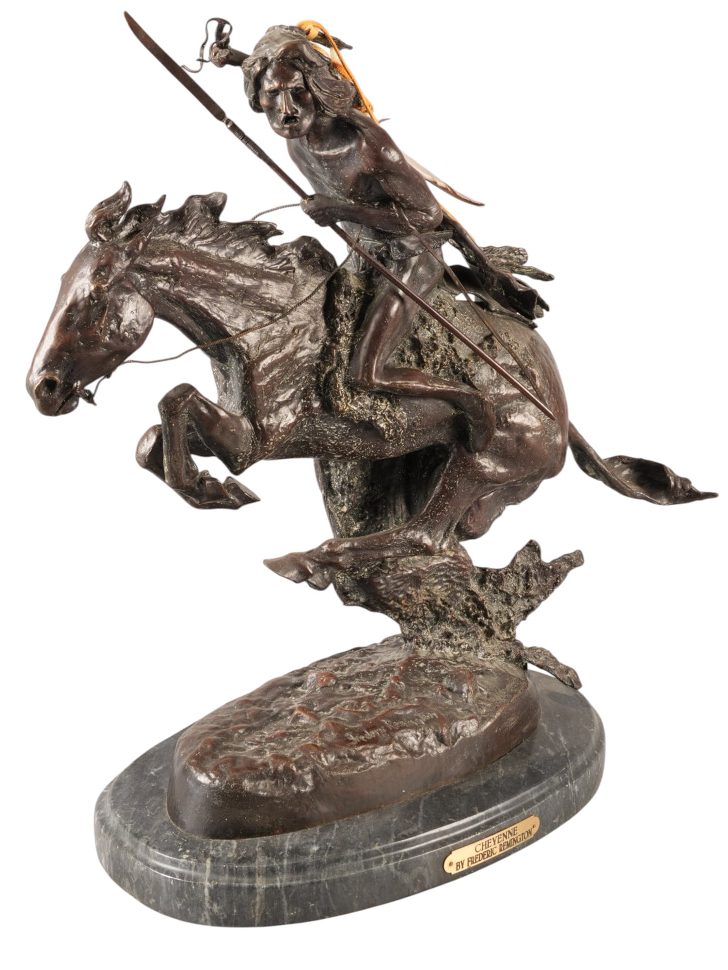 After Frederic Remington, "Cheyenne": After Frederic Remington (Amer., 1861-1909), "Cheyenne", bronze recast sculpture on stone base height 22 in. x width 22 in. x depth 8 in. (including base) Provenance: