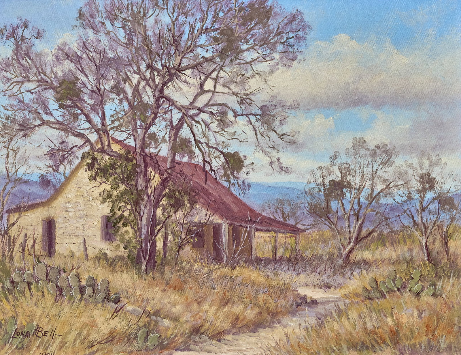 Lona Bell, Texas Farmhouse: Lona Bell (Texas, 20th C.), Texas farmhouse, oil on canvas, signed and dated lower left, 1974 sight: 14 x 18 in., frame: 21 x 24 in. Provenance: Property from a Fredericksburg, Texas collector